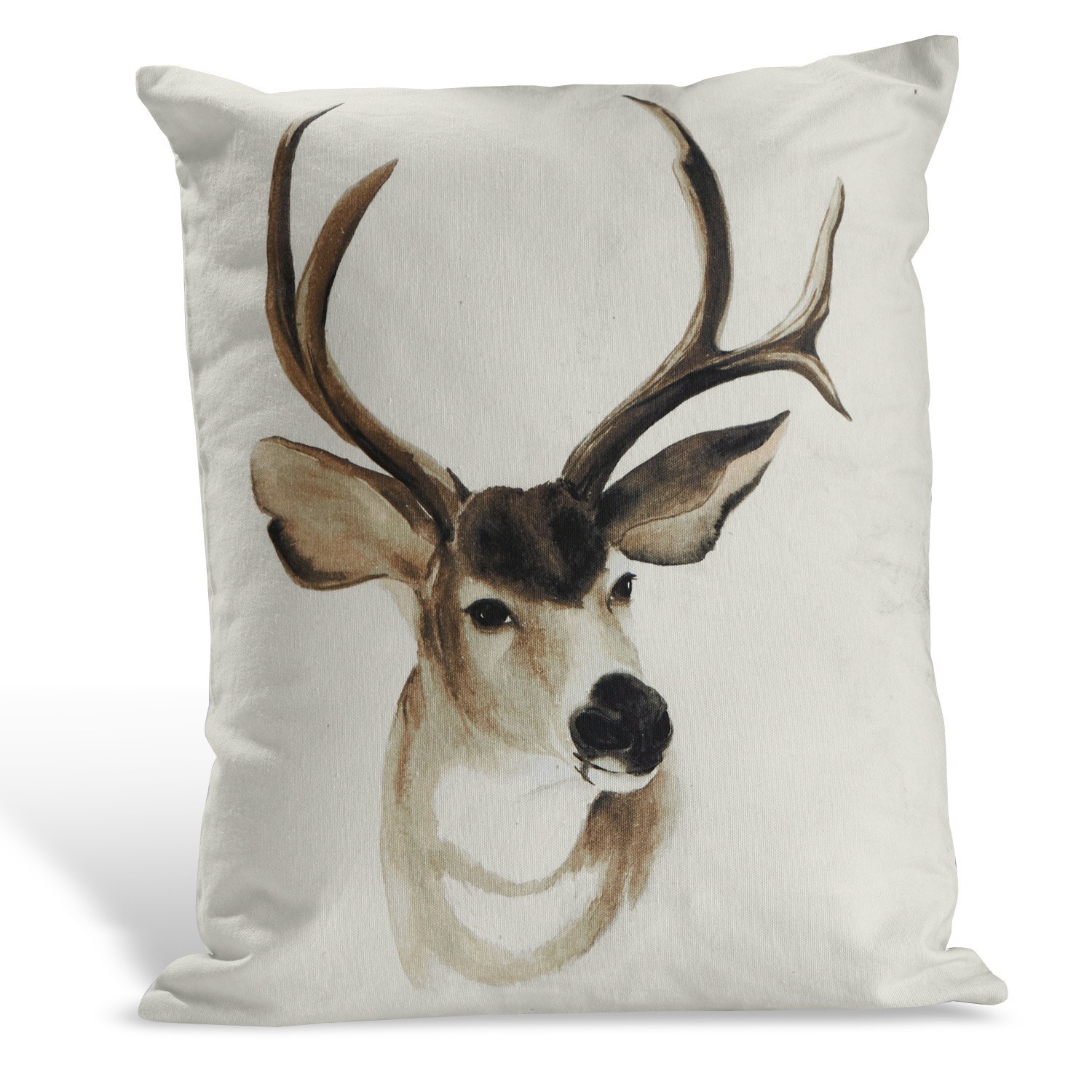 Kussen Purton Witte katoenen kussen met hertenhoofdprint in natuurlijke bruine tinten, decoratief kussen voor woonkamer