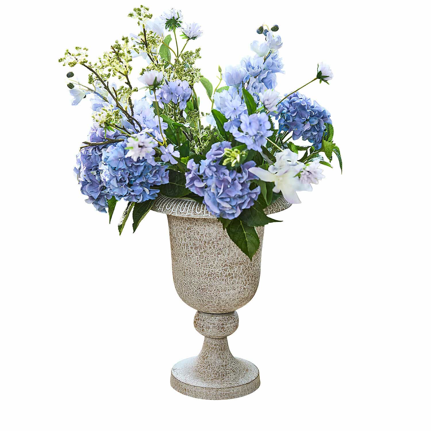 Boeket blauwe en witte bloemen in decoratieve beige stenen vaas