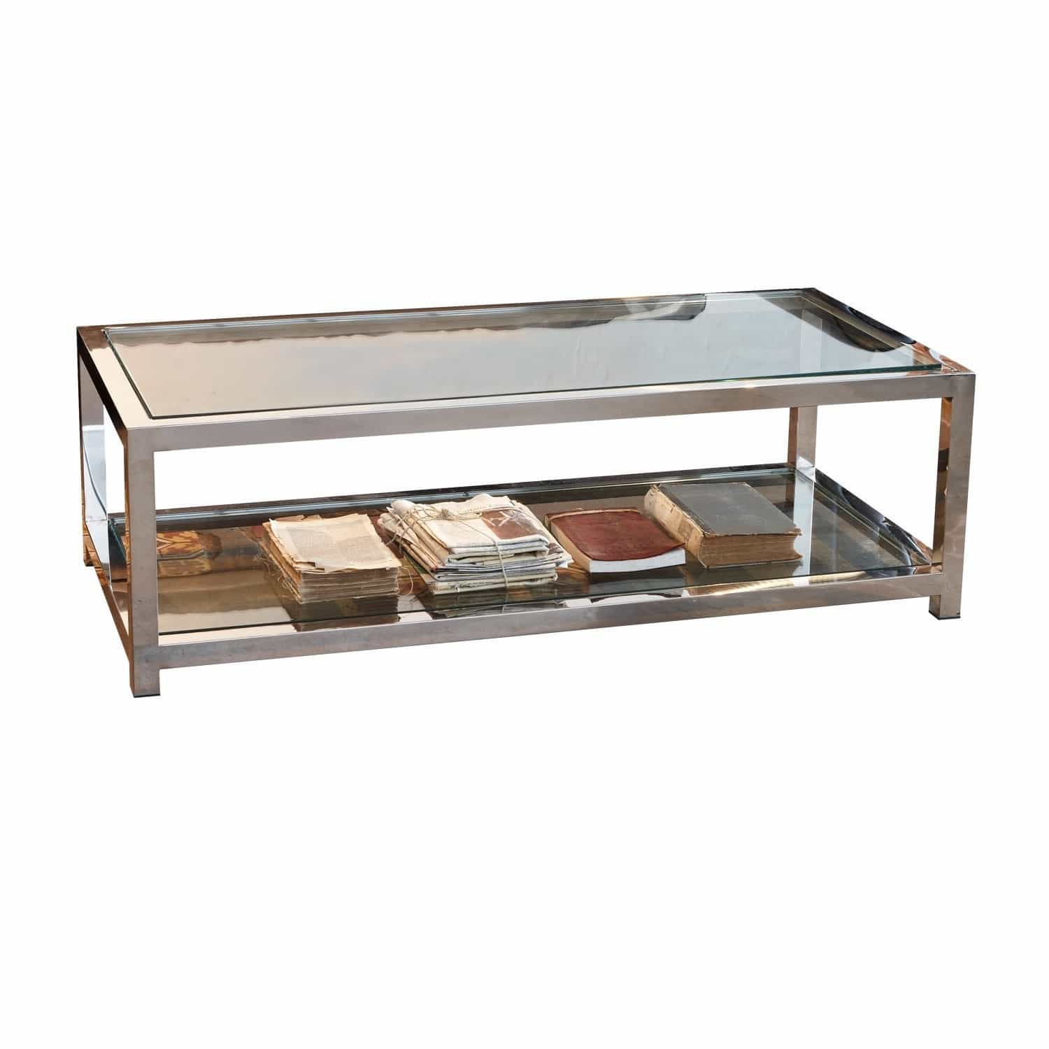 Salontafel Clayton Moderne salontafel van glas en zilverkleurig metaal met plank voor boeken en kranten