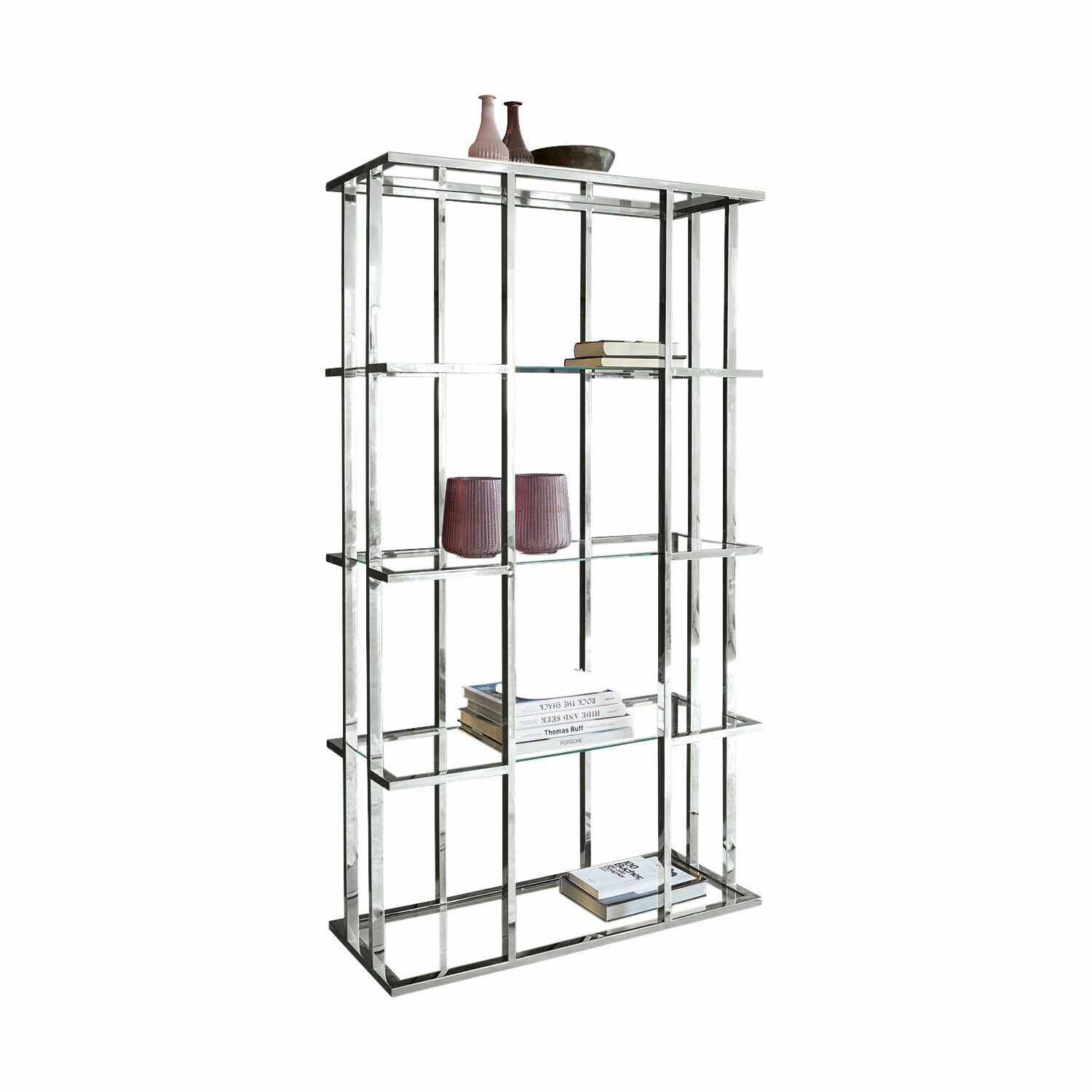 Open kast Dacre Moderne zilverkleurige metalen kast met glazen planken, decoraties en boeken