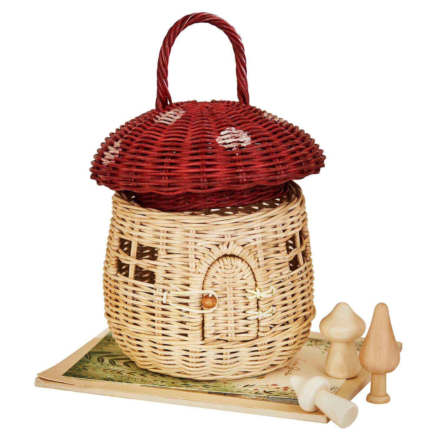 Mand Norilie Rieten mand in paddenstoelvorm met rood deksel en houten paddenstoelen decoraties