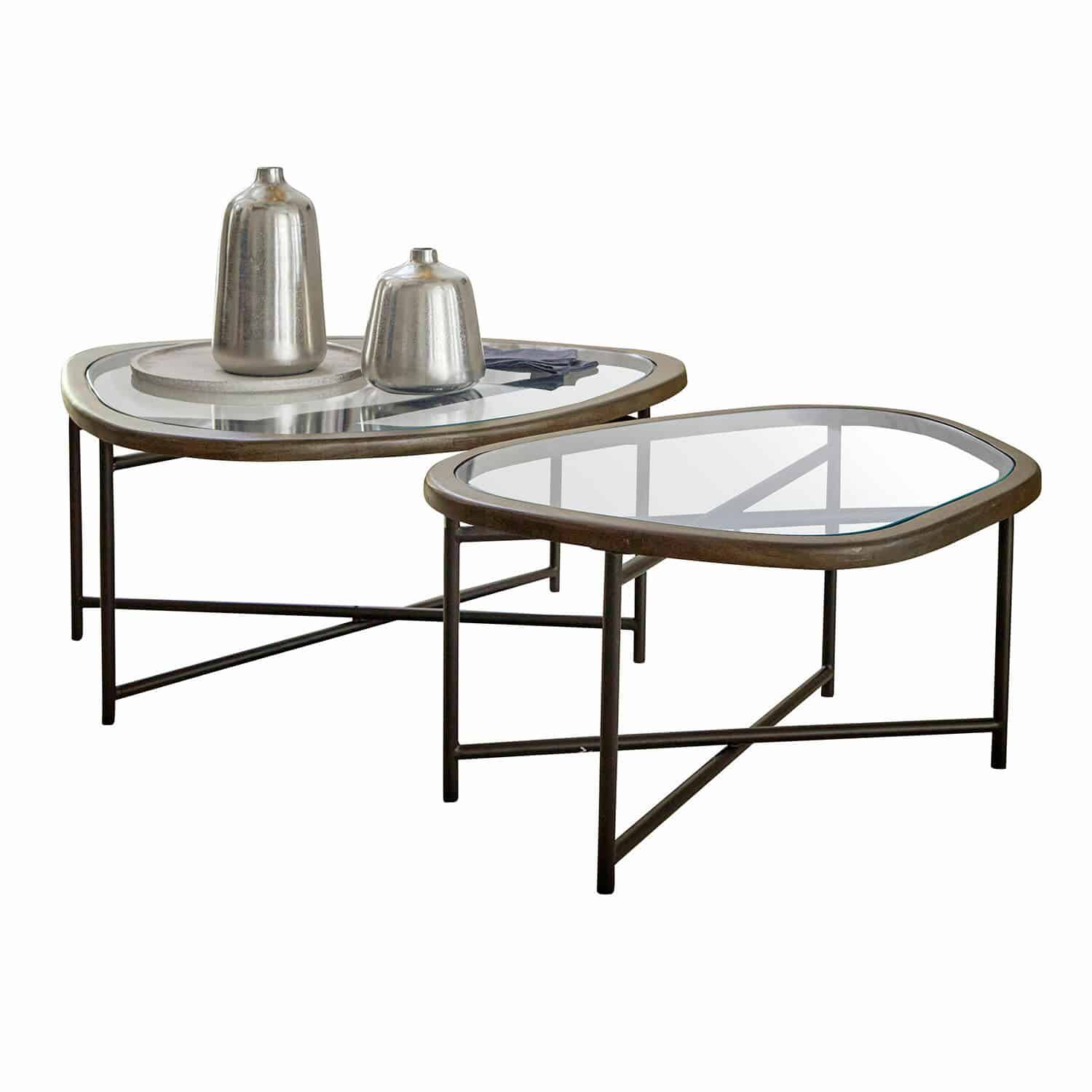 Salontafel set van 2 Kembria Set van twee salontafels met metalen frame en bruin glazen blad