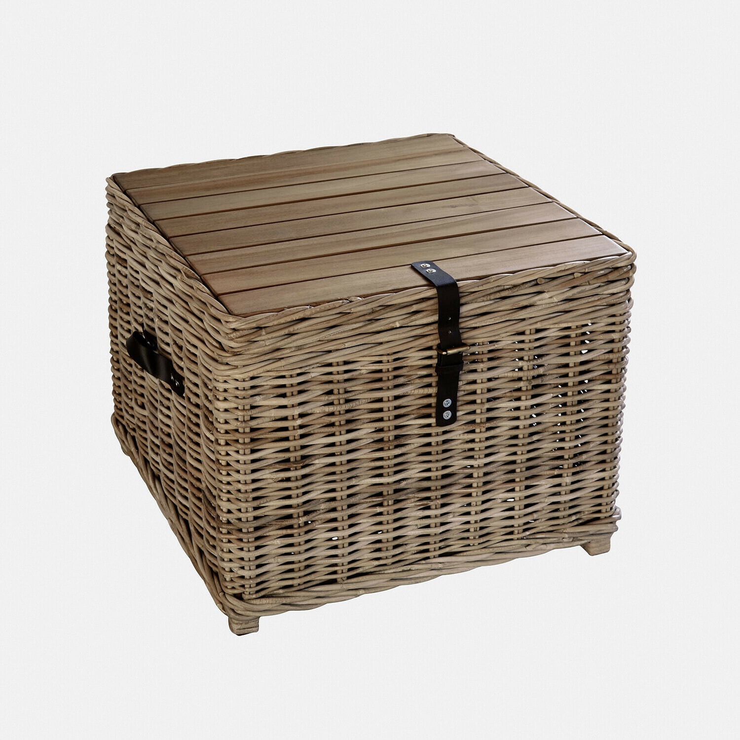 Vierkante rotan mand met houten deksel en zwarte riem, natuurlijke kleur, opbergmeubel
