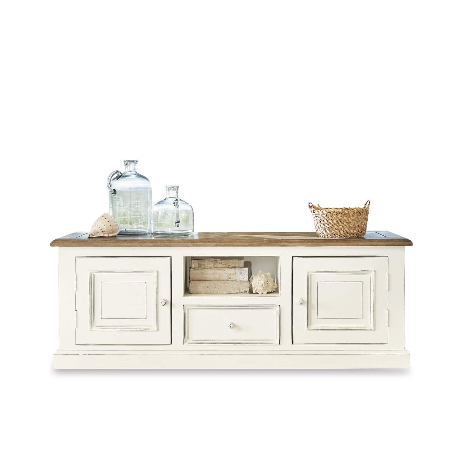 Sideboard Cogolin Witte houten dressoir met lade en planken, bovenblad van natuurlijk hout, glazen decoraties en mand