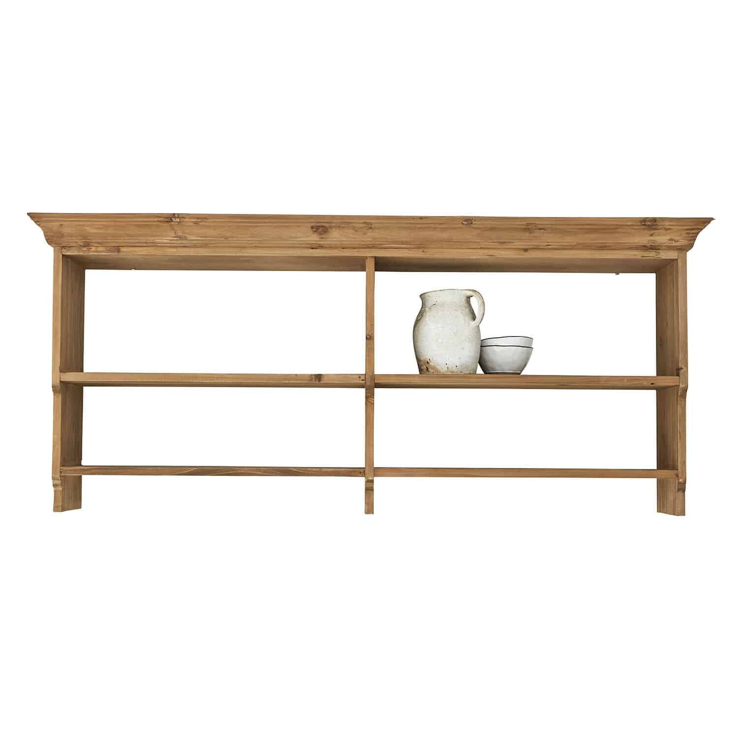 Hangkast Bergenfield Houten wandplank in natuurlijke kleur met keramische kan en kommen, rustieke stijl