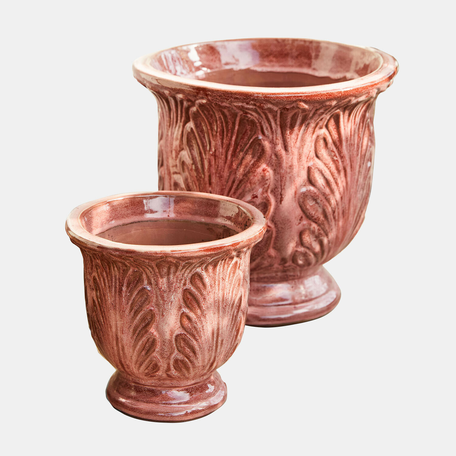 Sierpot set van 2 Aurezia Twee keramische bloempotten in roestkleur met reliëfbladmotief, decoratieve potten voor binnen en tuin