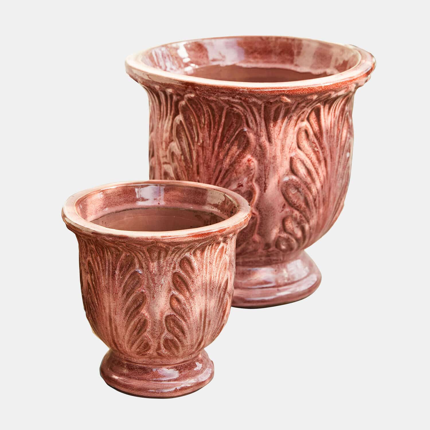 Sierpot set van 2 Aurezia Twee keramische bloempotten in roestkleur met reliëfbladmotief, decoratieve potten voor binnen en tuin