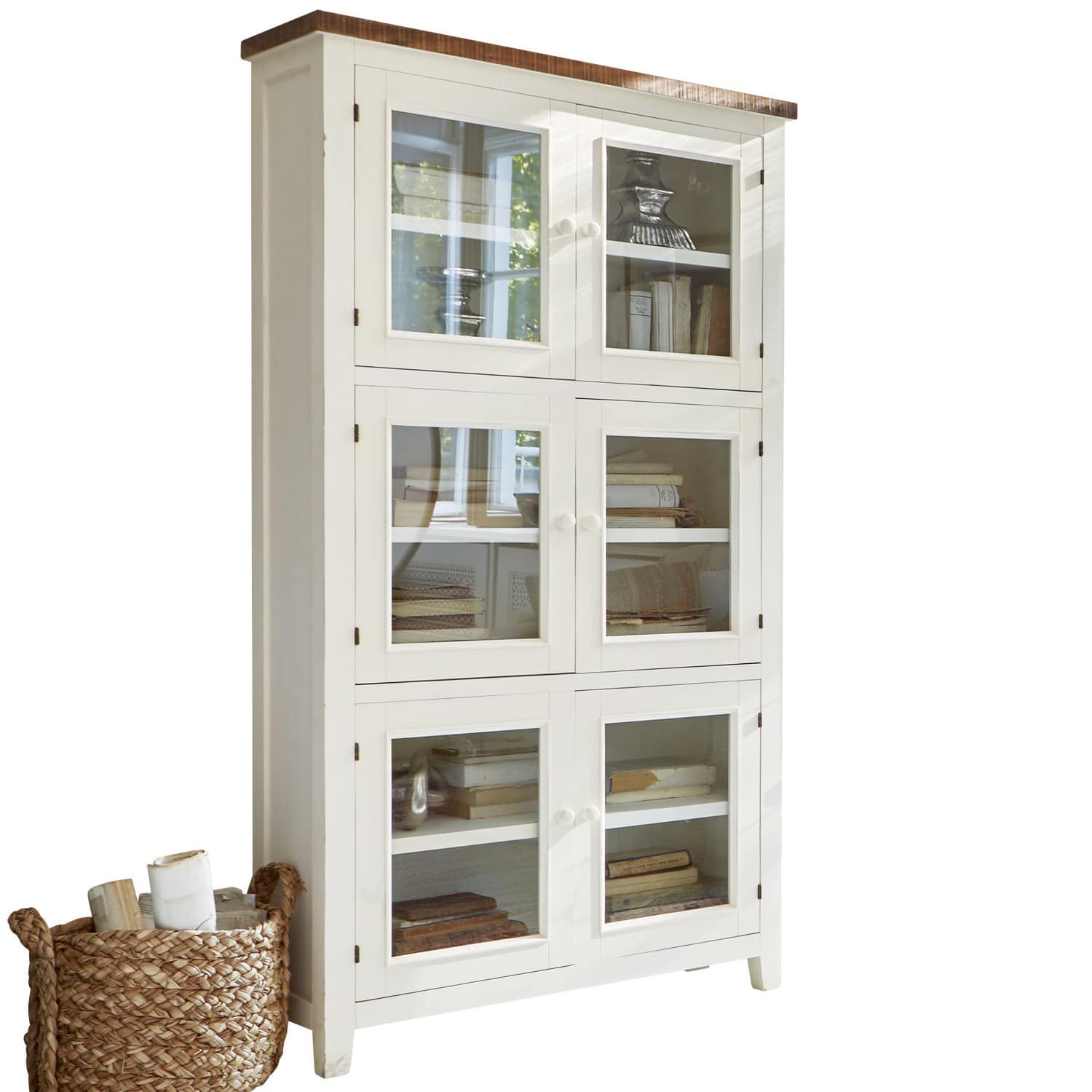 Kast Yukon Witte houten vitrinekast met glazen deuren en planken voor boeken en decoratie