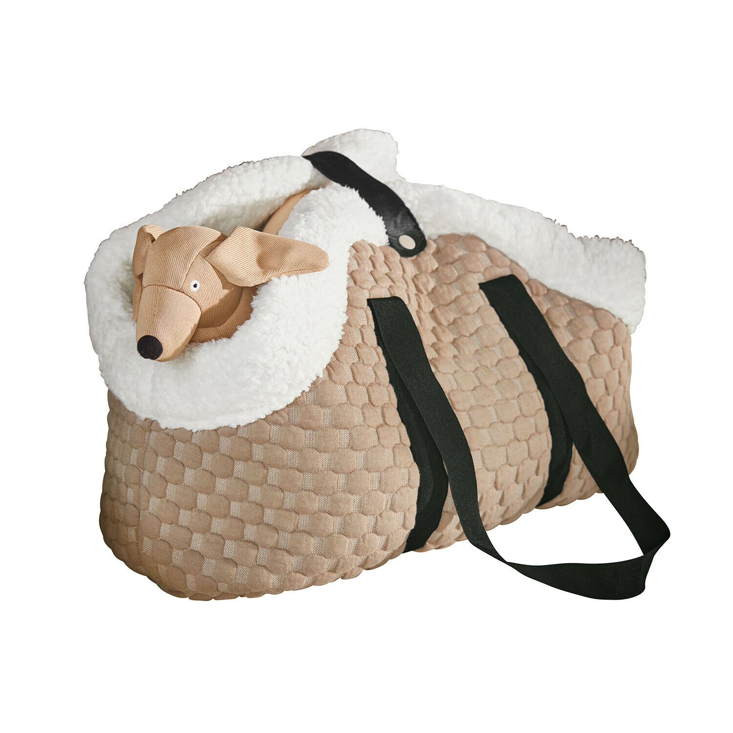 Huisdierentas Brisette Beige gewatteerde tas met zwarte handvatten en witte faux fur rand met pluchen hond