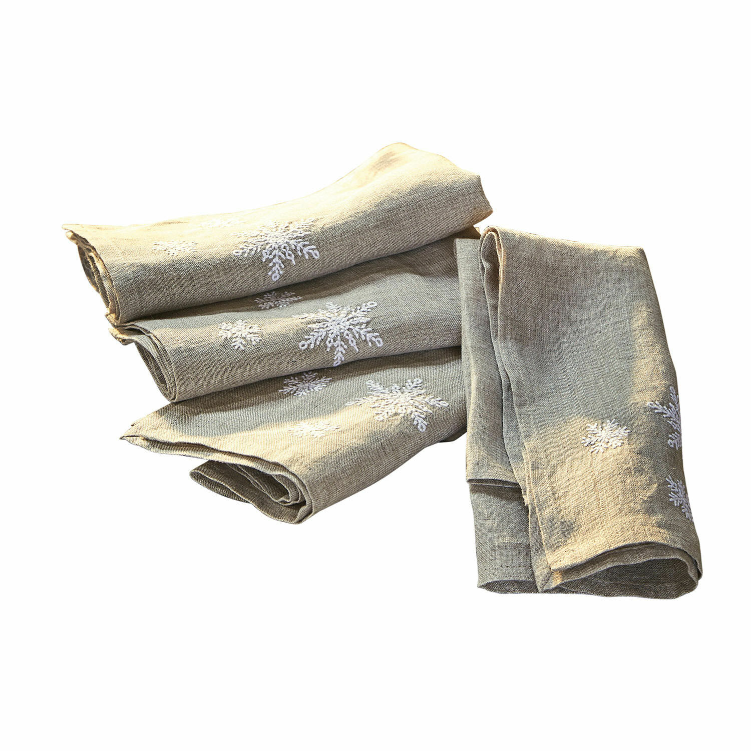 Servet set van 4 Ruspi Beige linnen servetten met witte sneeuwvlok borduur, winterse tafeldecoratie