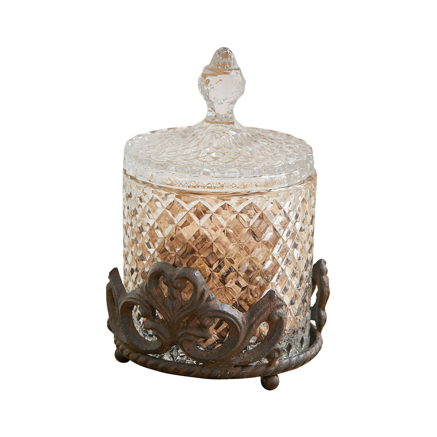 Glazen pot met deksel en decoratieve metalen vintage voet, transparant en bruin