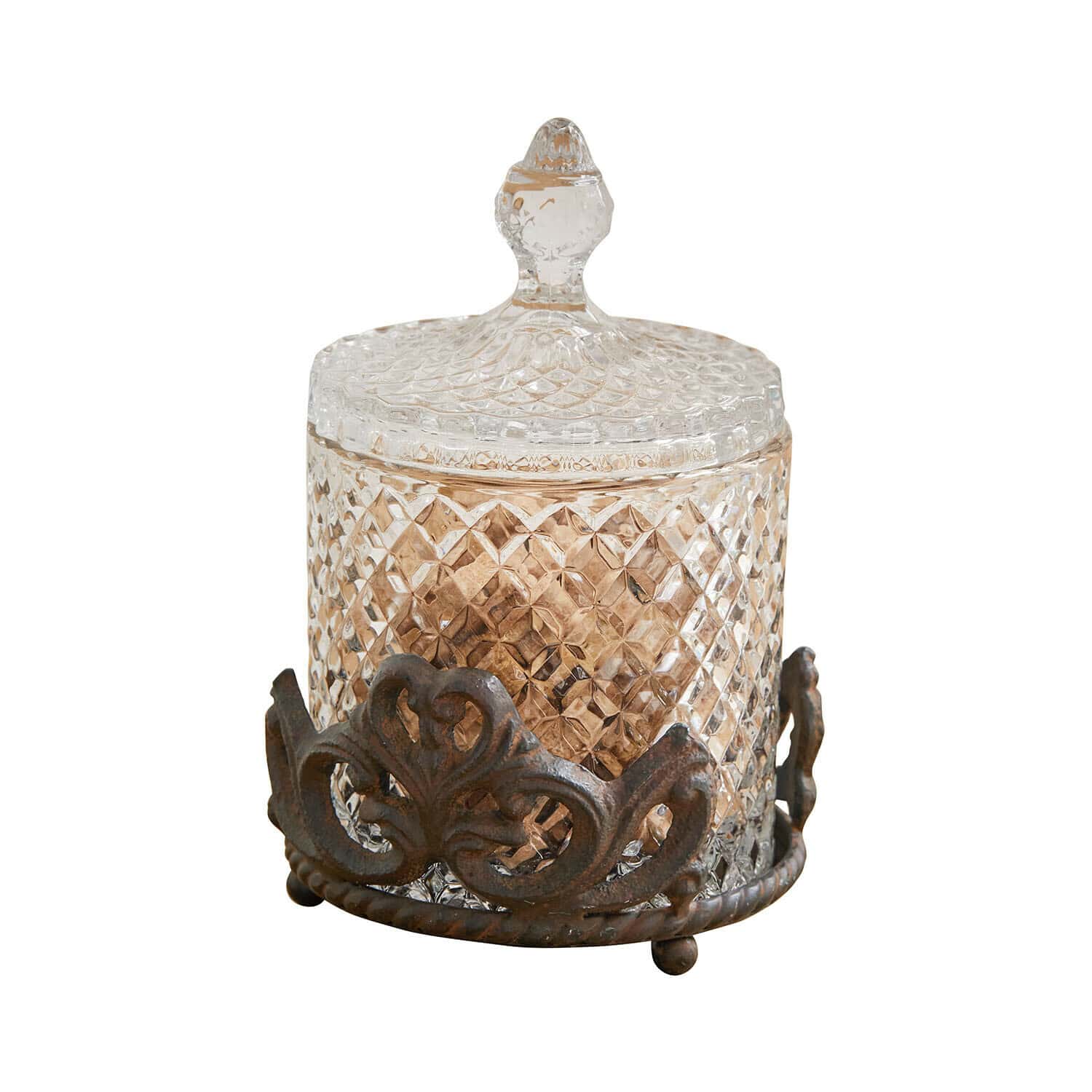 Glazen potje met houder Kerynna Glazen pot met deksel en decoratieve metalen vintage voet, transparant en bruin
