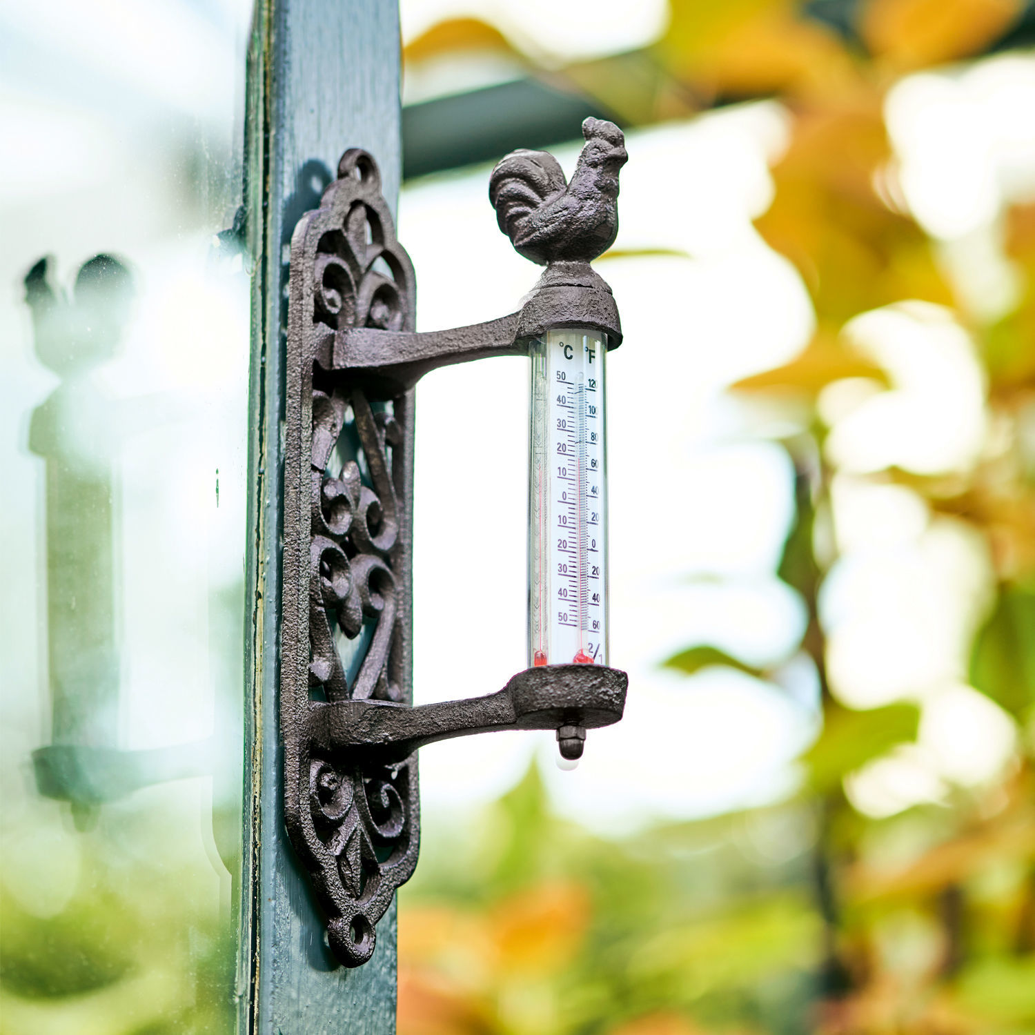 Thermometer Seraux Decoratieve zwarte gietijzeren thermometer met haanfiguur voor wandmontage