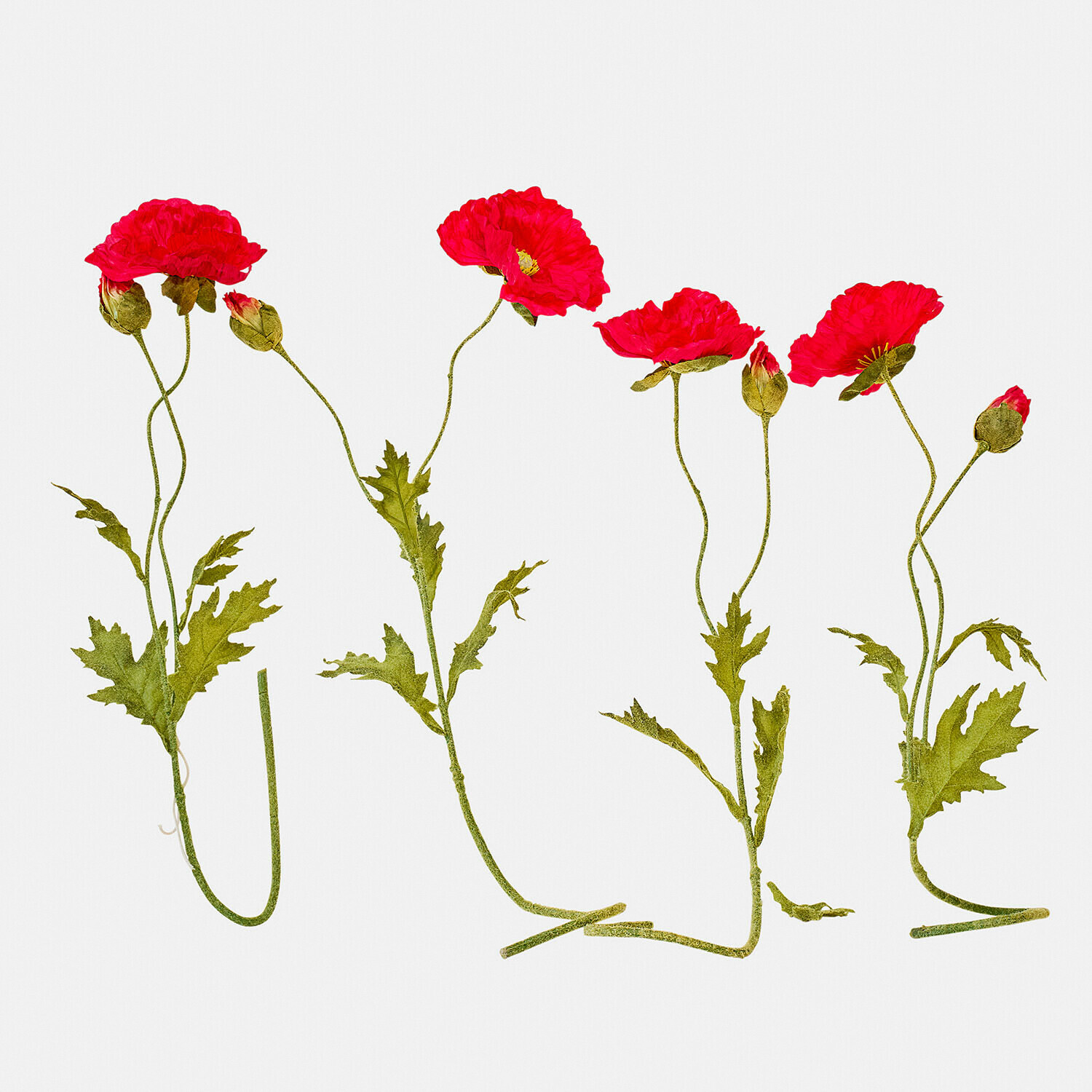 Decoratieve bloem set van 4 Doravela Rode kunstmatige klaprozen met groene bladeren op witte achtergrond, interieurdecoratie