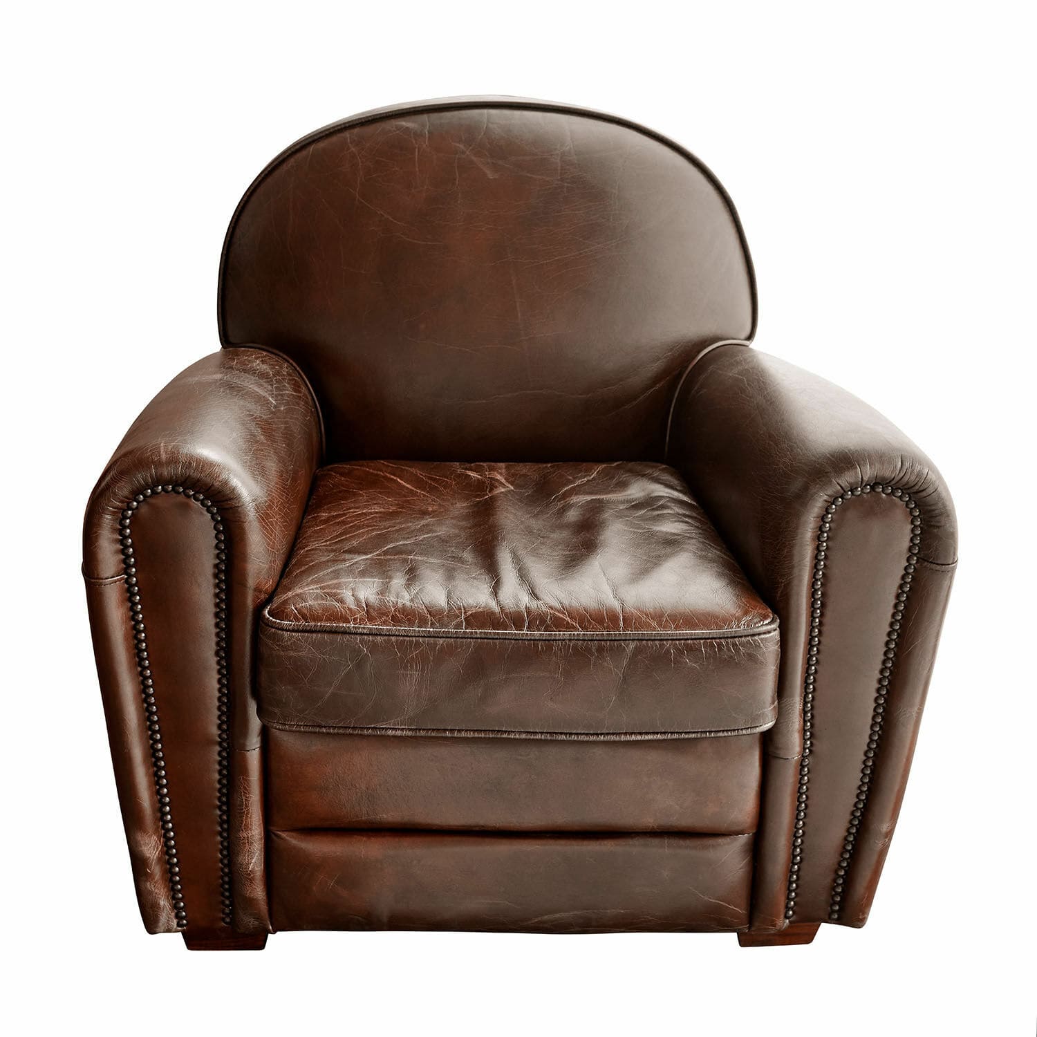 Fauteuil Venesque Klassieke fauteuil van bruin leer met decoratieve nagels, comfortabele woonkamerstoel