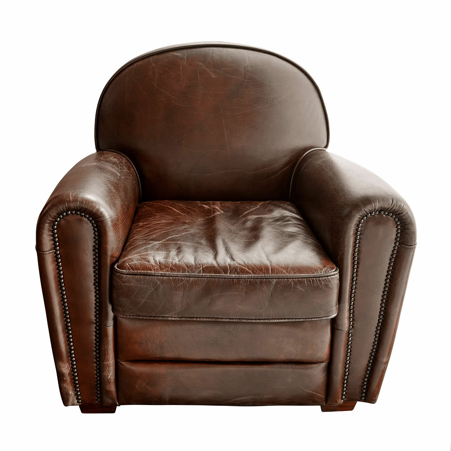 Fauteuil Venesque Klassieke fauteuil van bruin leer met decoratieve nagels, comfortabele woonkamerstoel