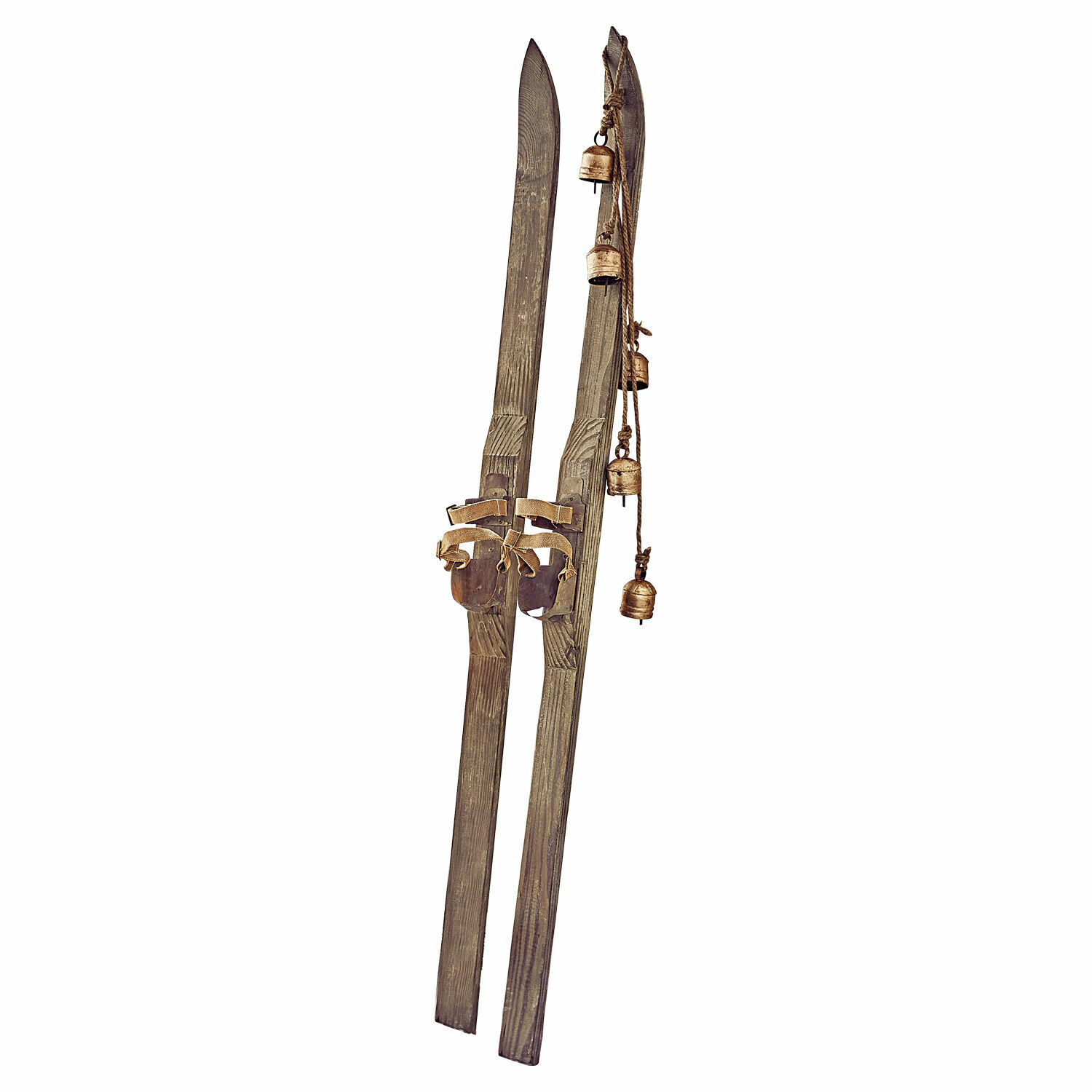 Decoratieve ski set van 2 Lambeth Bruine houten skis met metalen bellen aan touw, vintage decoratie in landelijke stijl