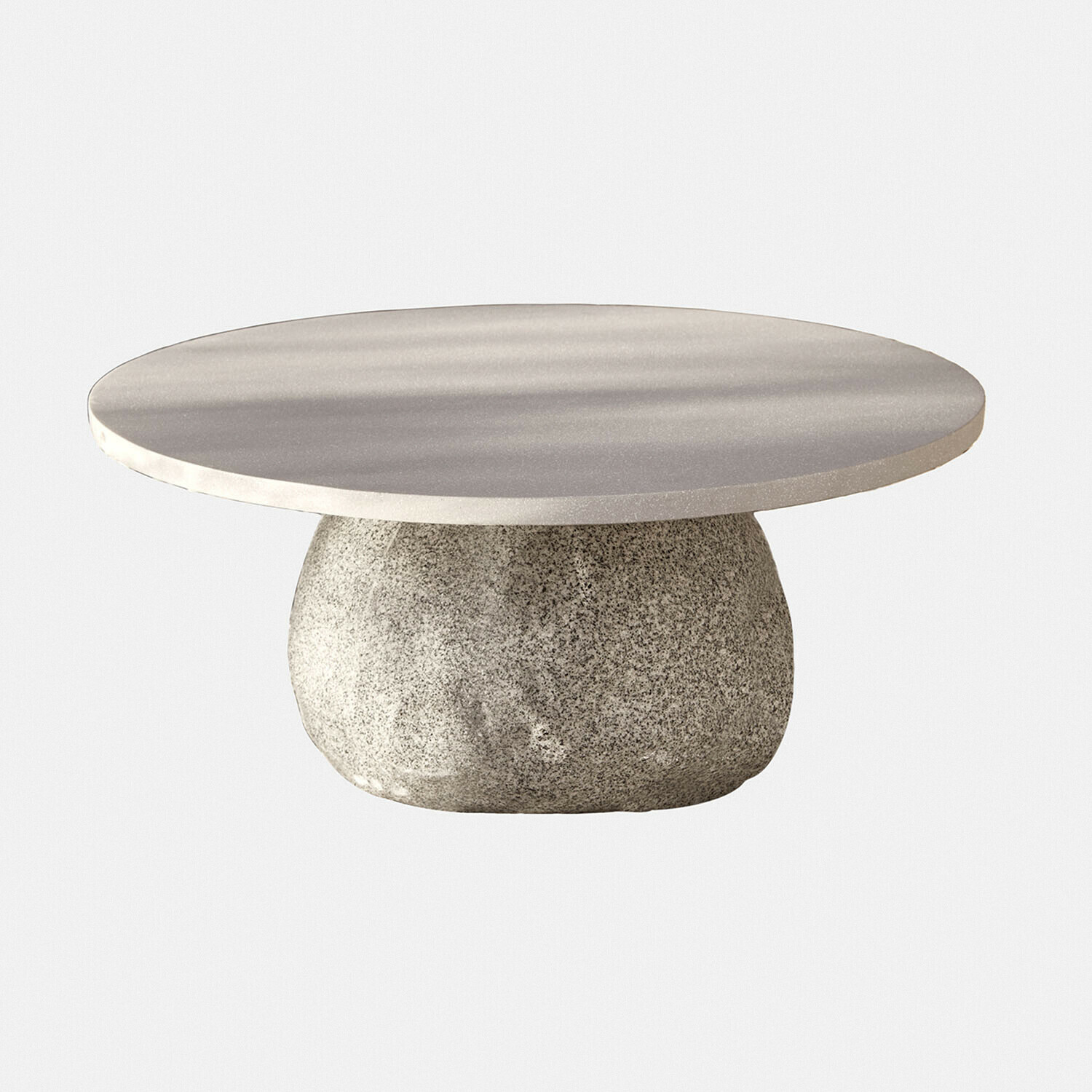 Salontafel Orivana van grijs en beige steen met rond blad en massieve voet