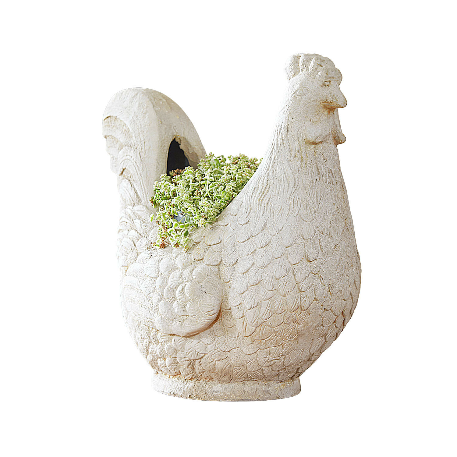 Witte stenen bloempot in de vorm van een kip met groene plant, tuindecoratie