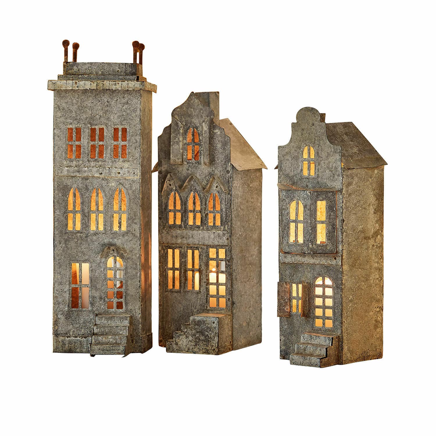 Windlicht set van 3 Middlewich Set van drie metalen lantaarns in huisvorm met warm licht, decoratie voor binnen
