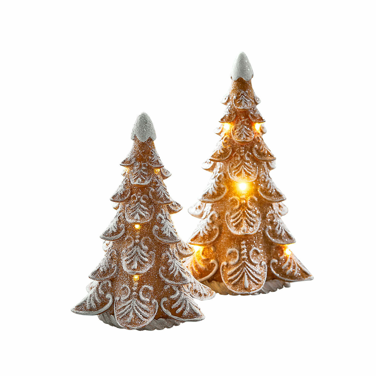 Ledboom set van 2 Anyama Twee bruine keramische kerstbomen met LED-verlichting en wit sneeuw effect, feestelijke decoratie