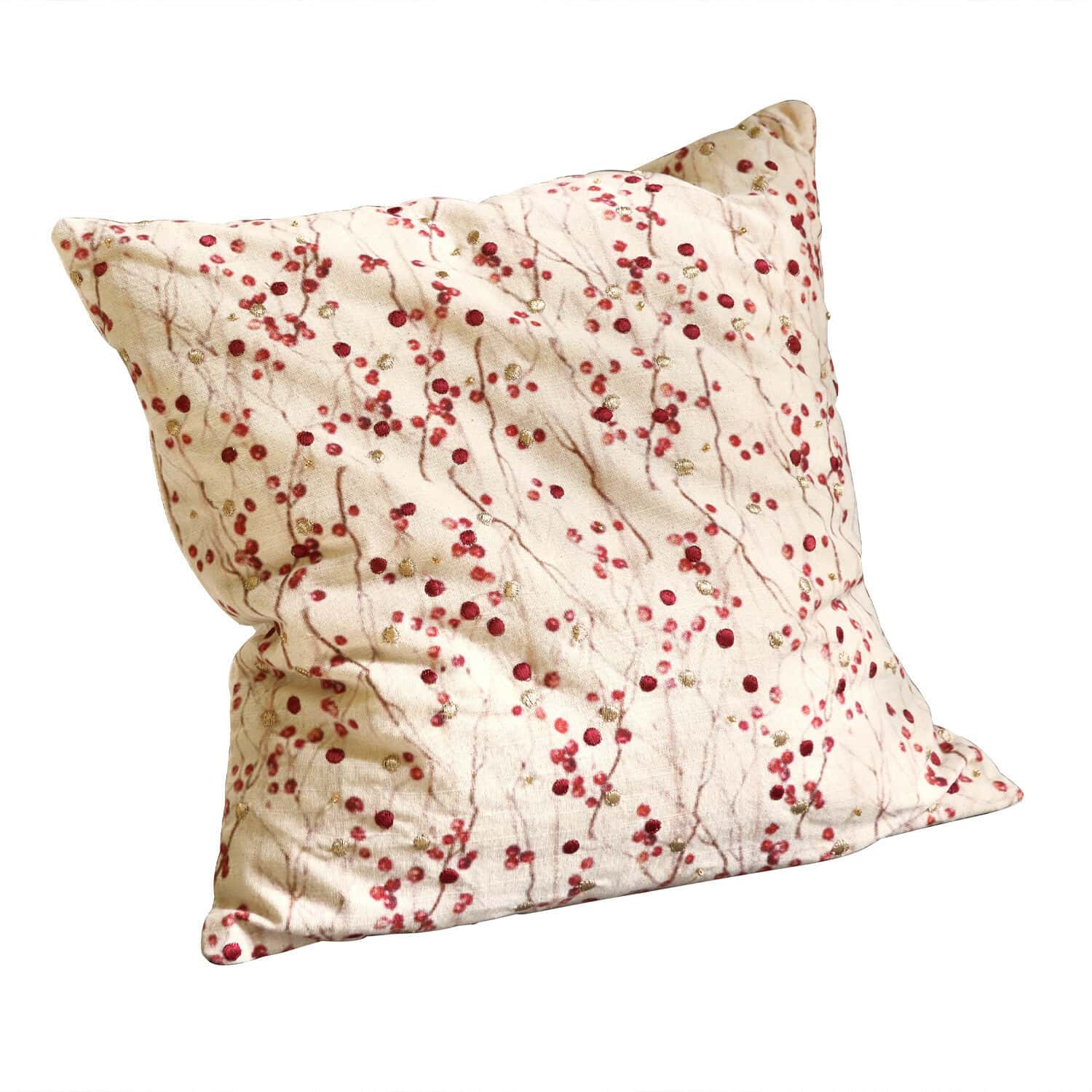 Kussenhoes Rimont Beige sierkussen met rood-gouden takkenpatroon, zachte stof, stijlvolle woondecoratie