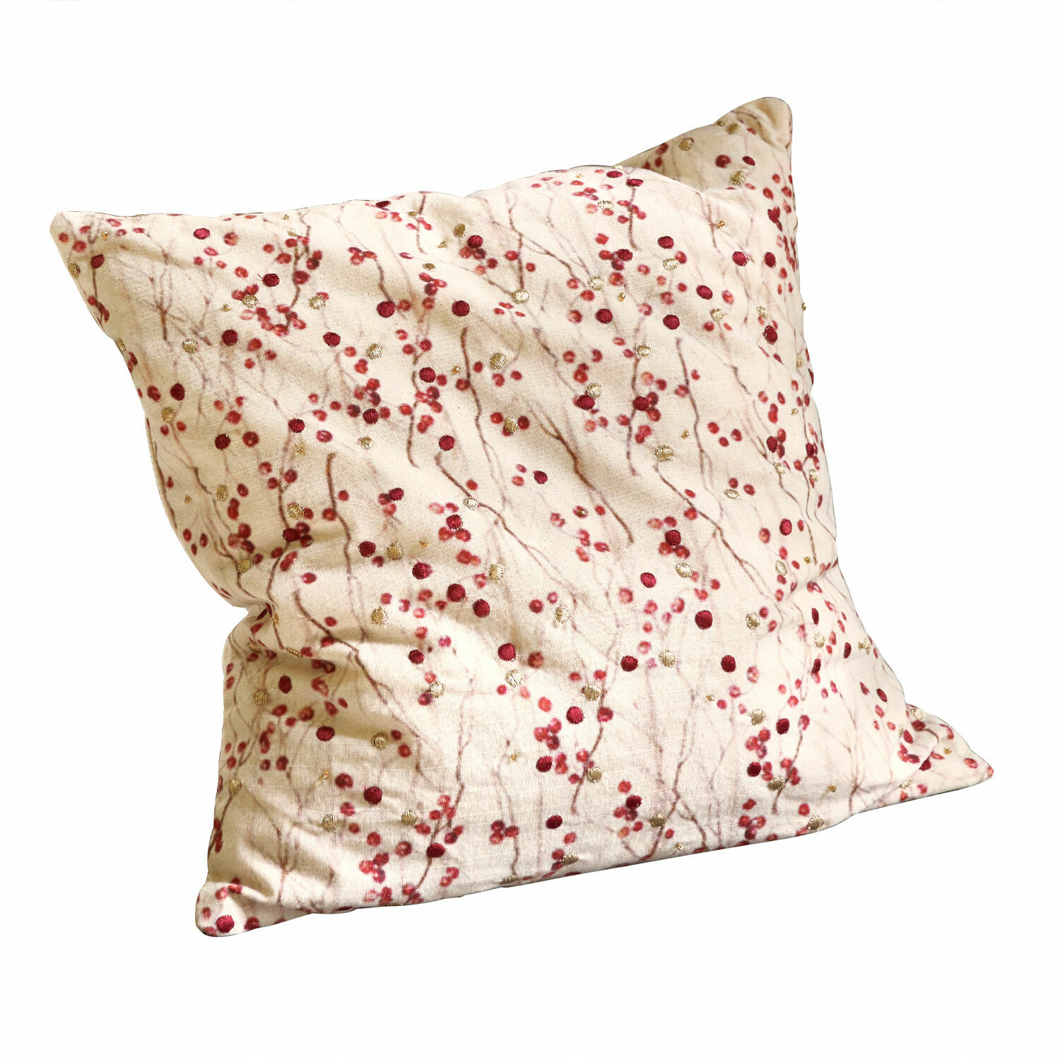 Kussenhoes Rimont Beige sierkussen met rood-gouden takkenpatroon, zachte stof, stijlvolle woondecoratie