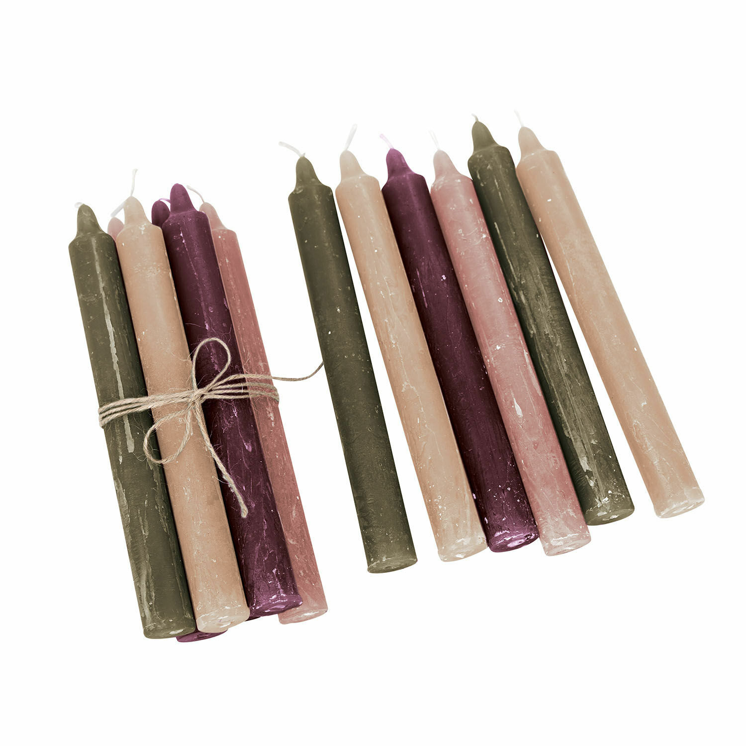Set van 12 gekleurde Bauceau dinerkaarsen in roze, groen en paars voor sfeervolle interieurdecoratie