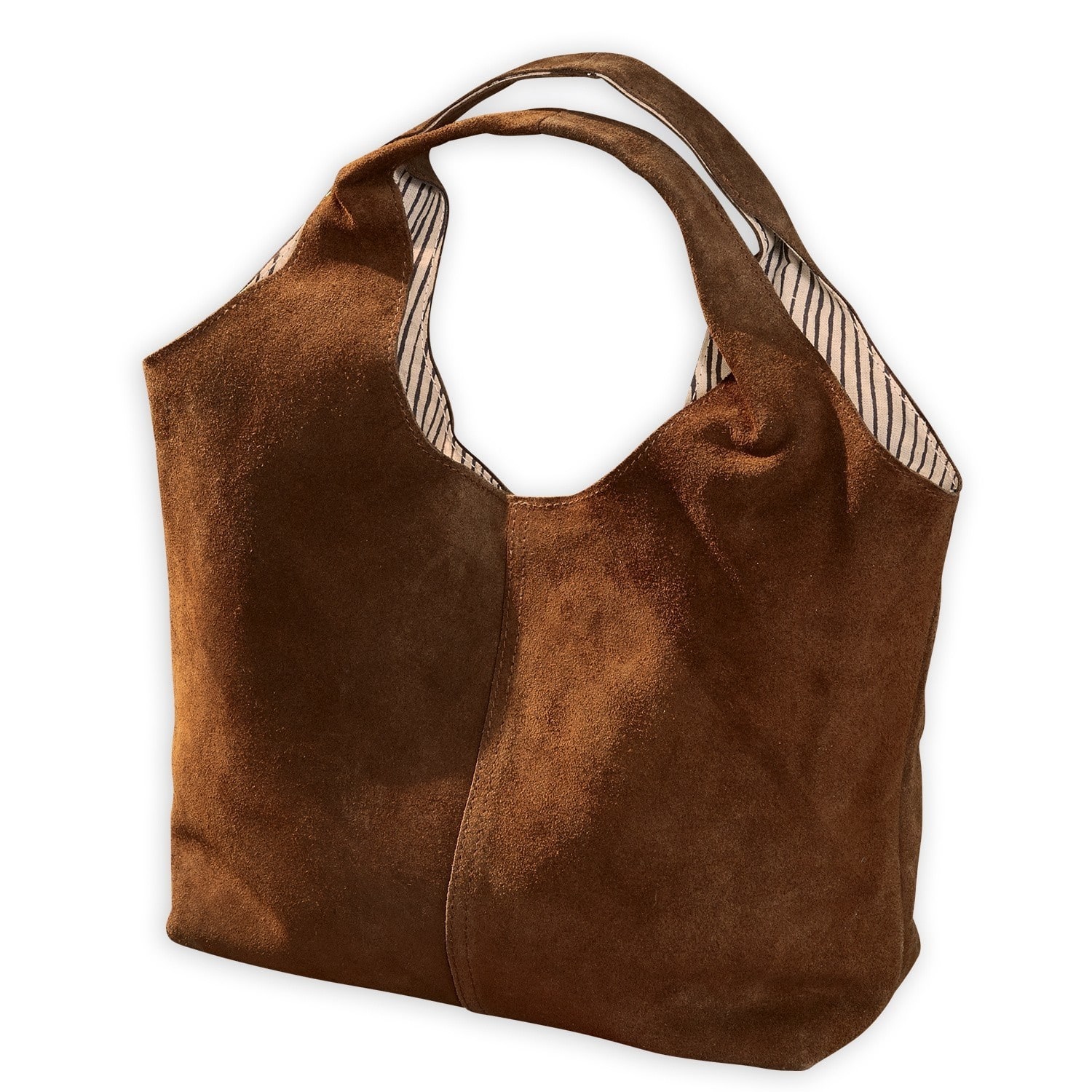 Tas Georgine Bruine tas van zacht suède met handvat en gestreepte voering, modieuze dagelijkse accessoire