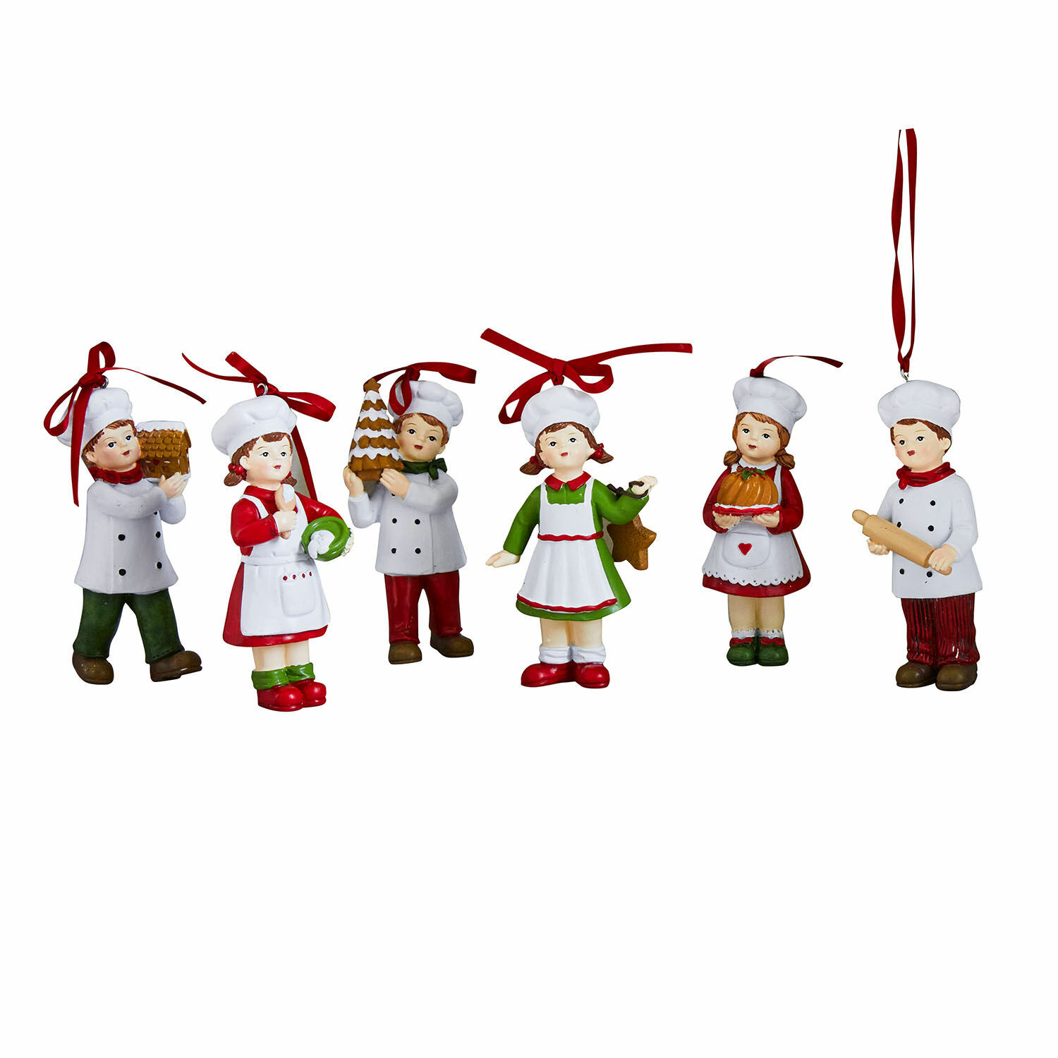 Beeldje set van 6 Farzahn Set van zes keramische kokken met witte mutsen en kleurrijke kleding, kerstversiering