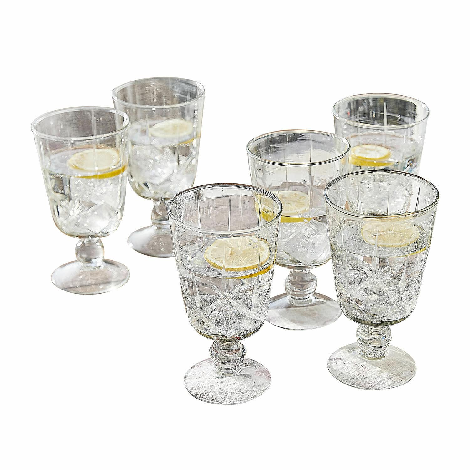 Glas set van 6 Mirathor Set van zes transparante glazen op voet met water en schijfje citroen, decoratief glas