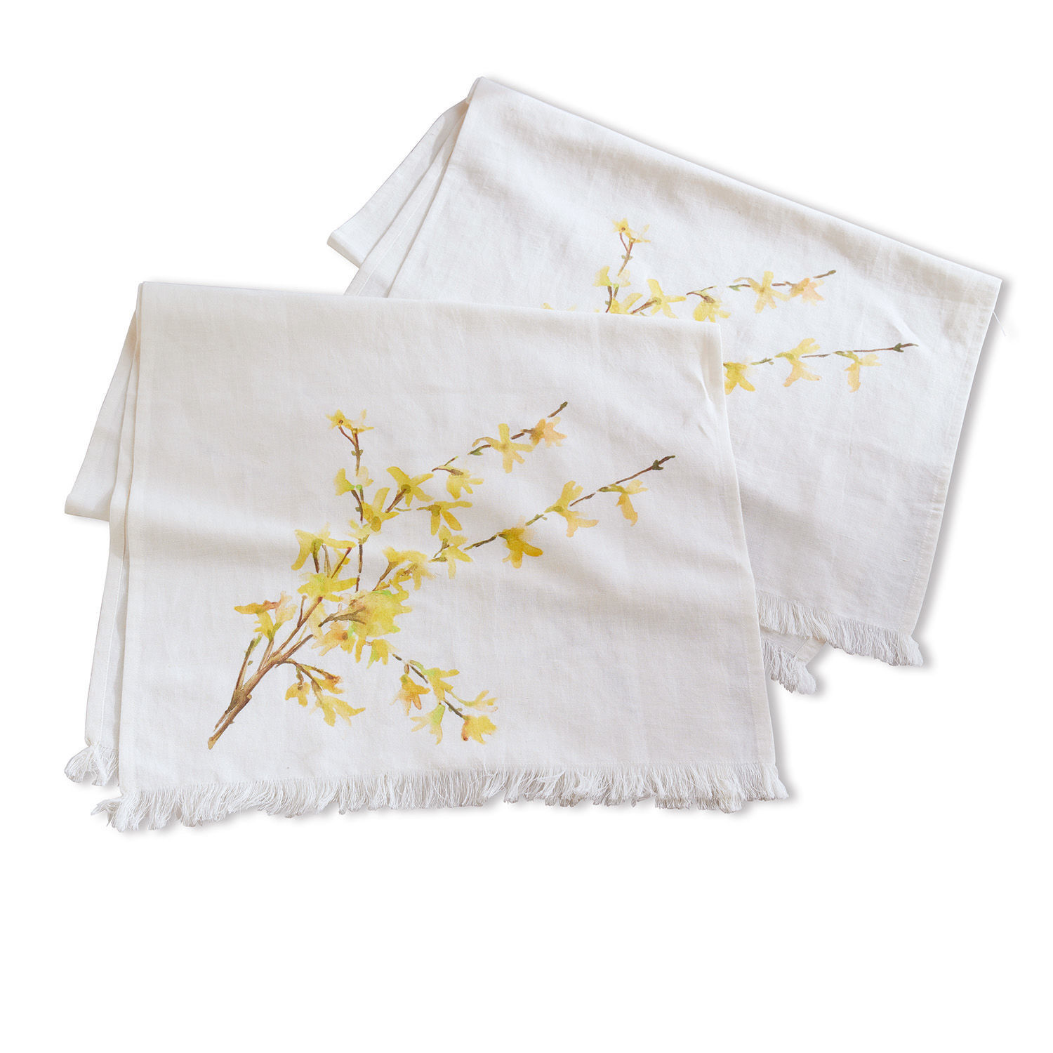 Tafelloper set van 2 Gillery Witte linnen servetten met gele bloemenprint en franjes, natuurlijke tafeldecoratie