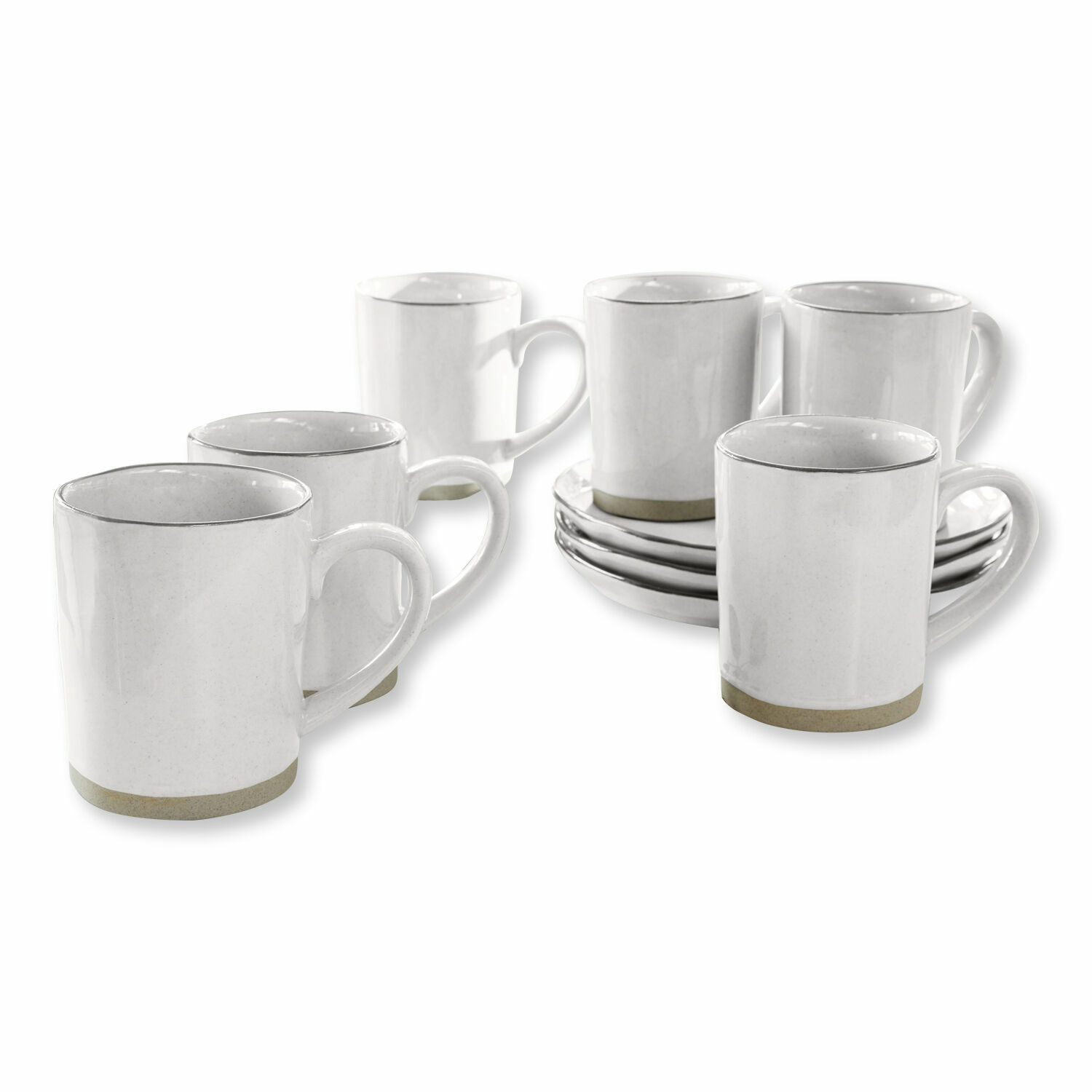 Mok set van 6 Biarré Set van zes witte keramische mokken met beige bodem en bijpassende schotels voor koffie