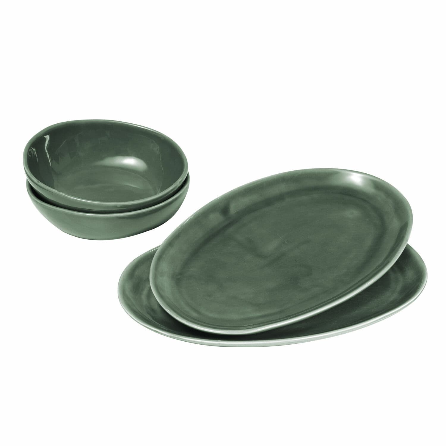 Groen keramisch 4-delig servies met borden en kommen voor dagelijks gebruik
