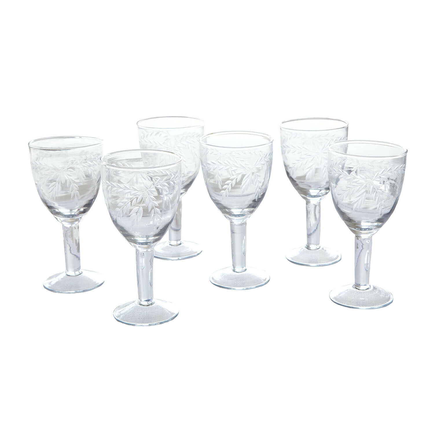 Glas set van 6 Florineau Set van zes transparante glazen met gegraveerd bladmotief voor dranken