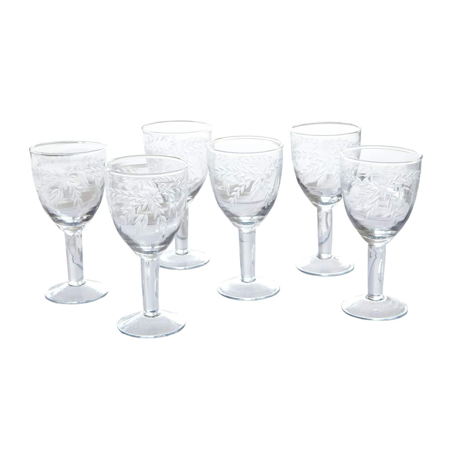 Glas set van 6 Florineau Set van zes transparante glazen met gegraveerd bladmotief voor dranken