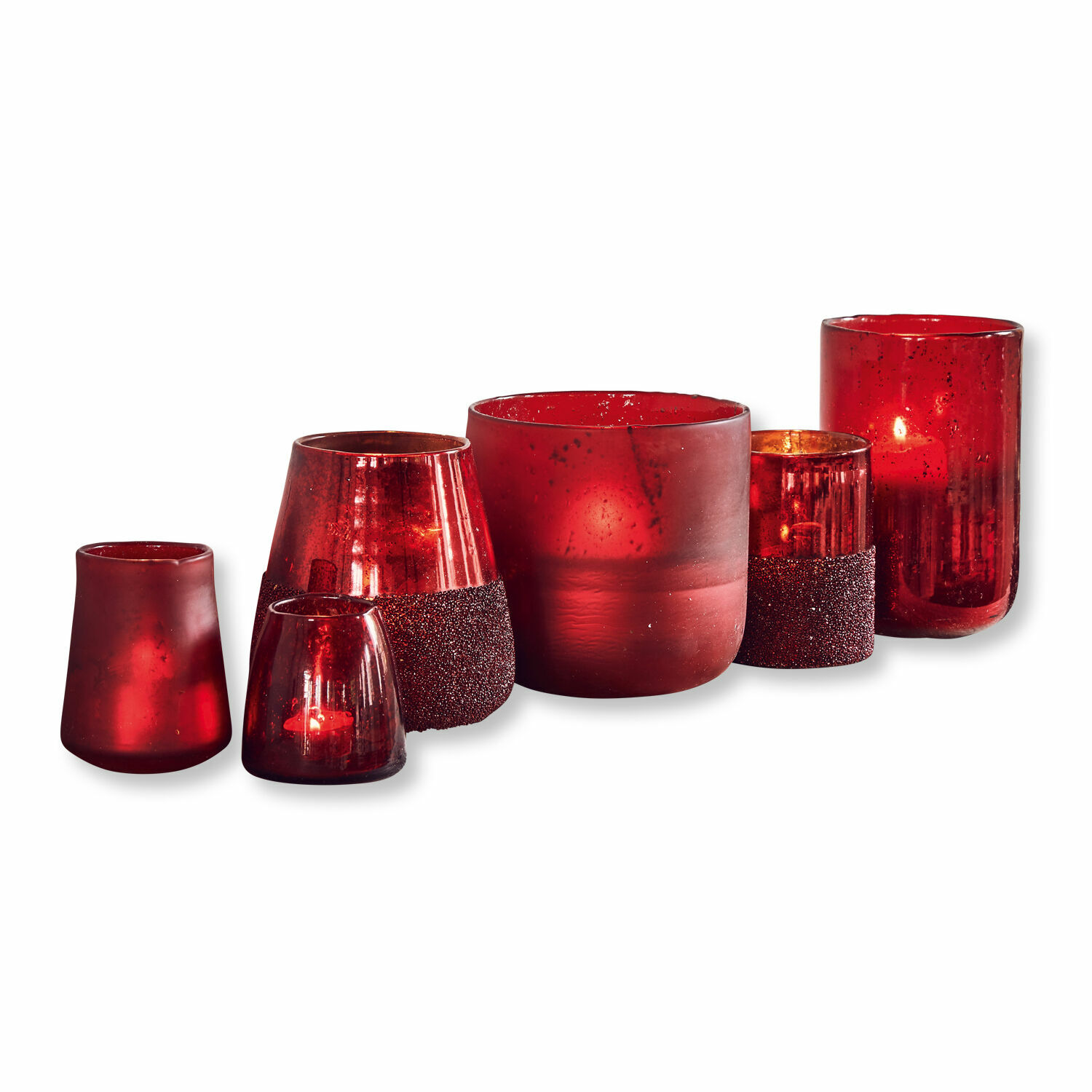 Windlicht set van 6 Paro Set rode glazen theelichthouders in diverse vormen en texturen voor interieurdecoratie