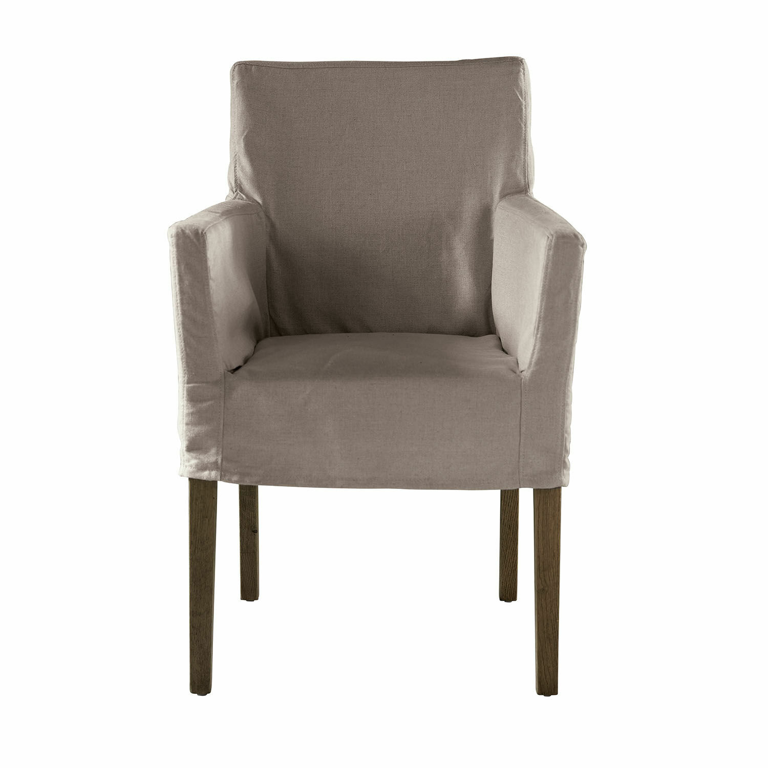 Grijze Longhill stoel van stof met bruine houten poten, comfortabele woonkamerstoel