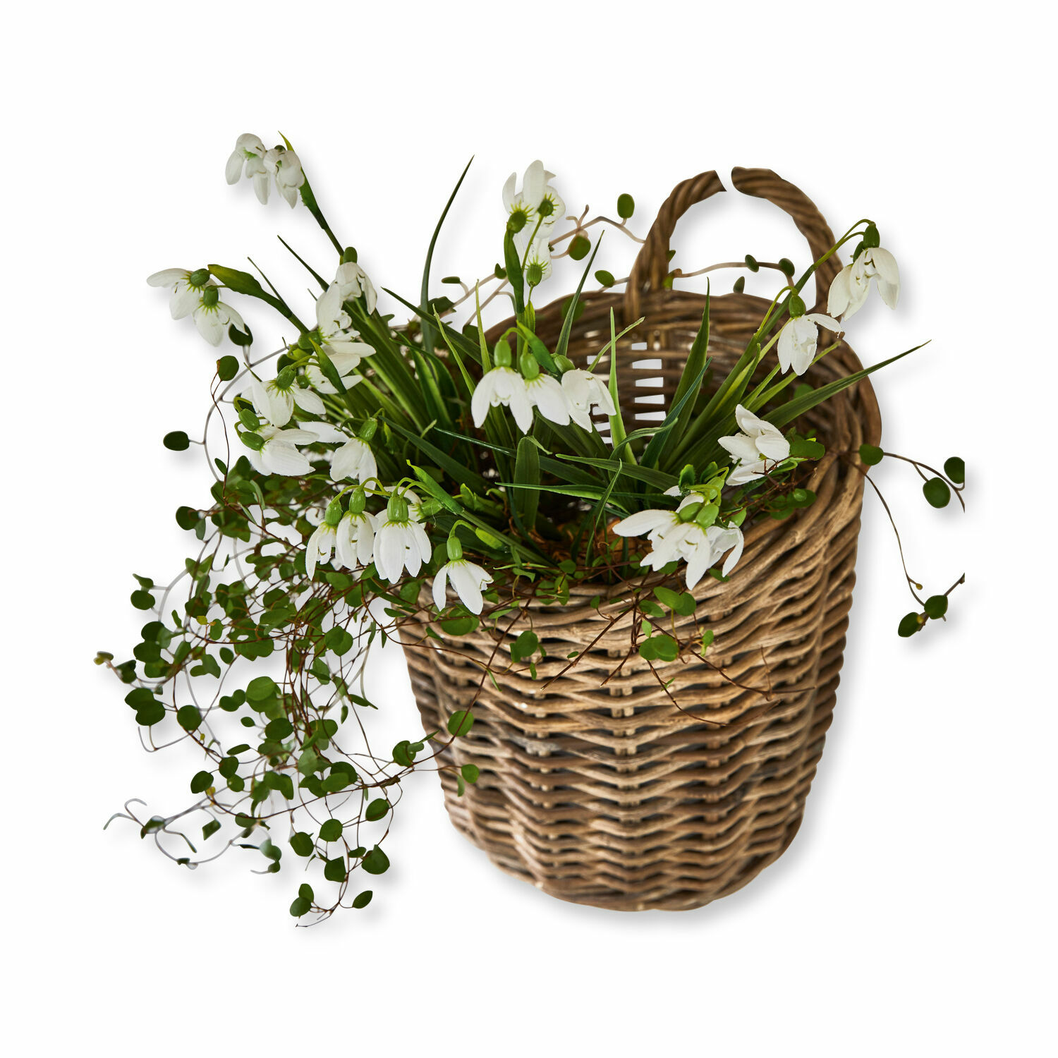 Mand Korovu Rieten mand met witte bloemen en groene bladeren, lentehuisdecoratie