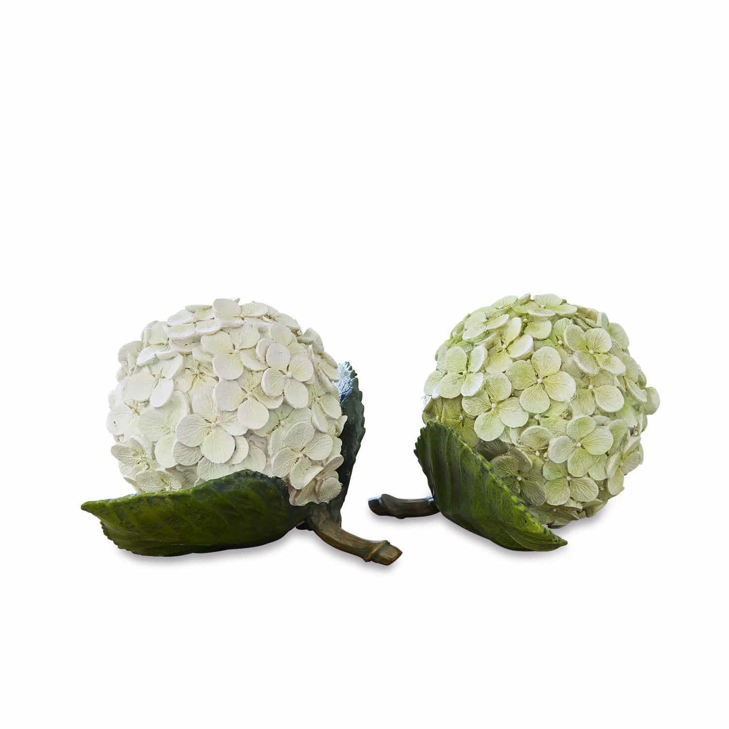 Sierbloem set van 2 Hortensie Decoratieve bloemenballen in wit- en groentinten met bladeren, stijlvolle woondecoratie