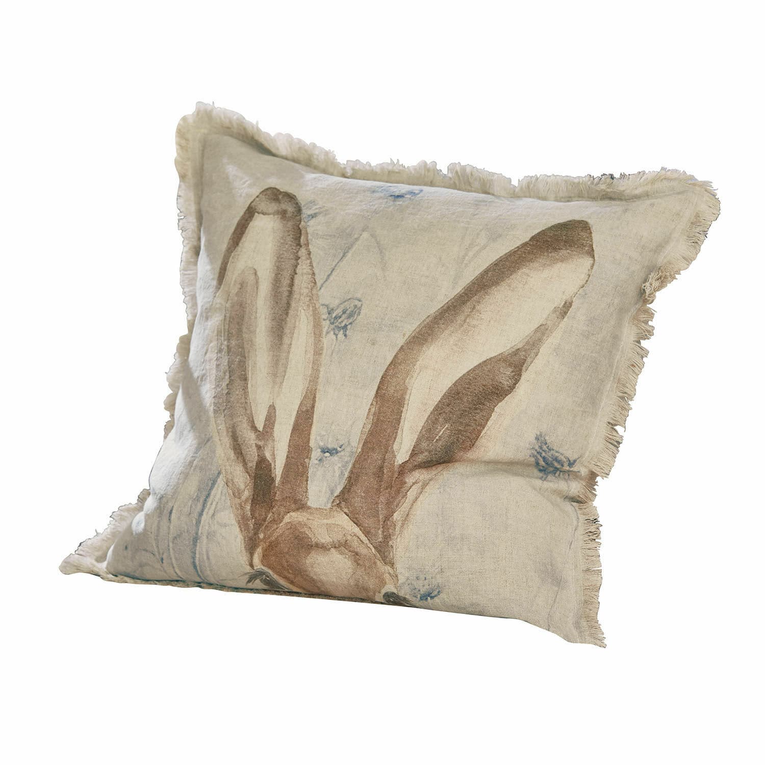 Kussenhoes Kameron Beige linnen kussen met konijnenorenprint en franjes, decoratief woonkussen