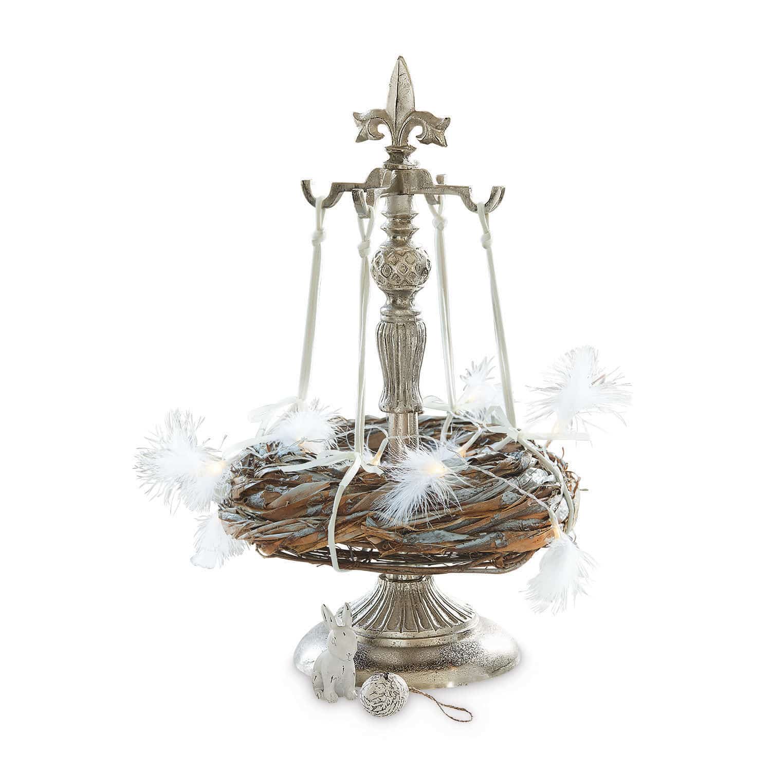 Kransstandaard Edmond Decoratieve metalen standaard met wilgenkrans en witte veren, paasdecoratie