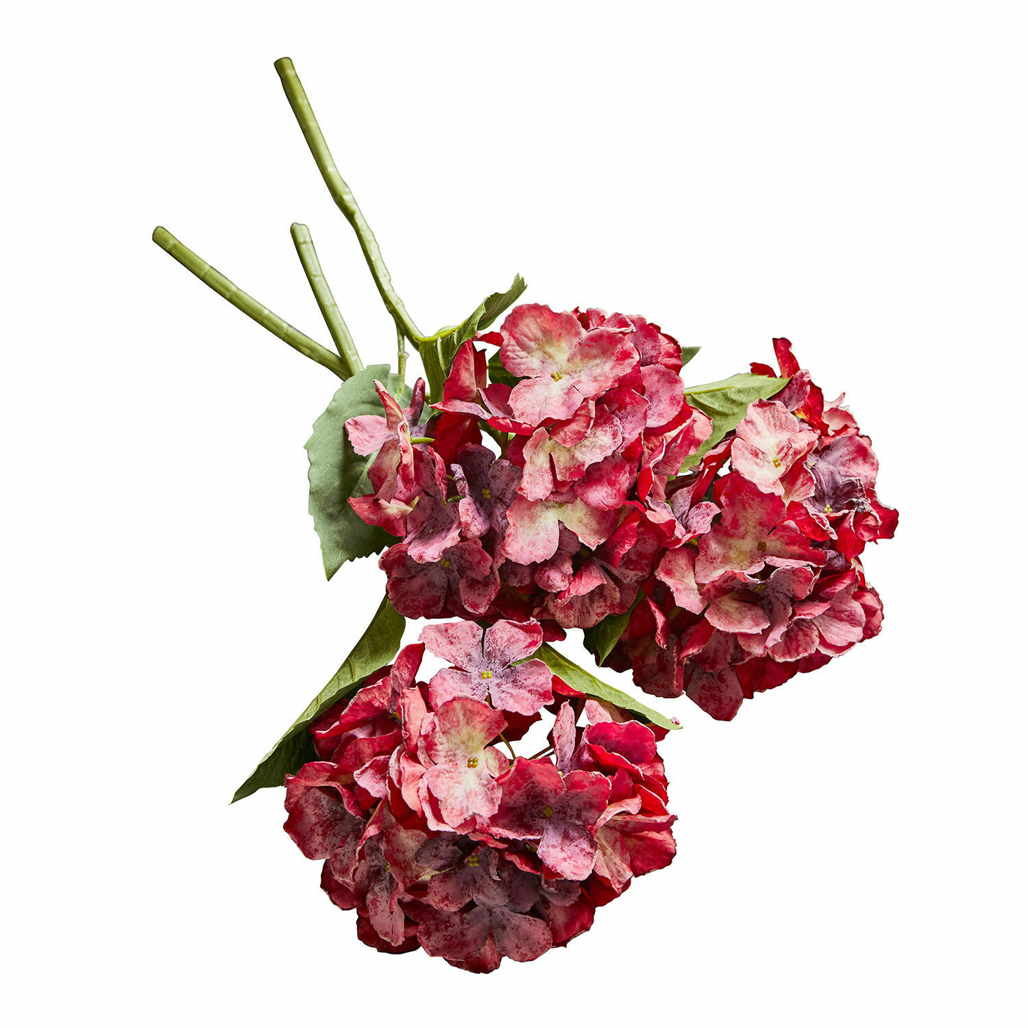 Boeket kunsthortensia's in rood-roze tinten met groene bladeren voor interieurdecoratie