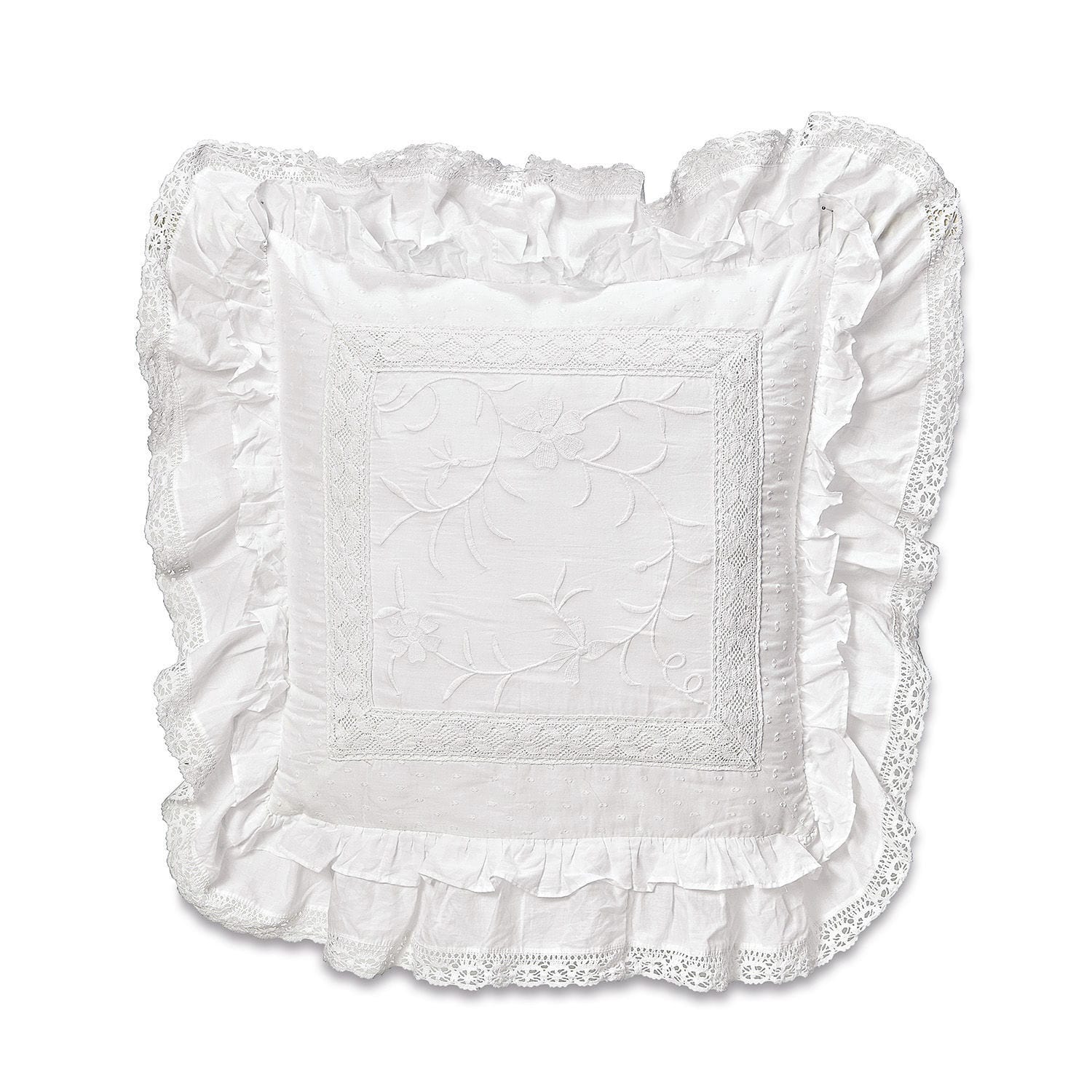 Kussen Marbury Witte katoenen kussenhoes met kant en borduurwerk, decoratief voor slaapkamer