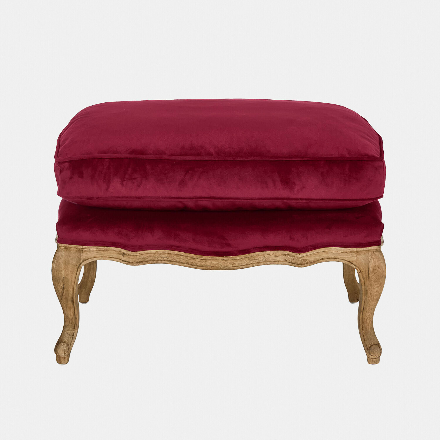 bordeaux/bruin Voetenbank Corlay met bordeauxrode fluwelen bekleding en bruin houten frame, elegante woonkamermeubel
