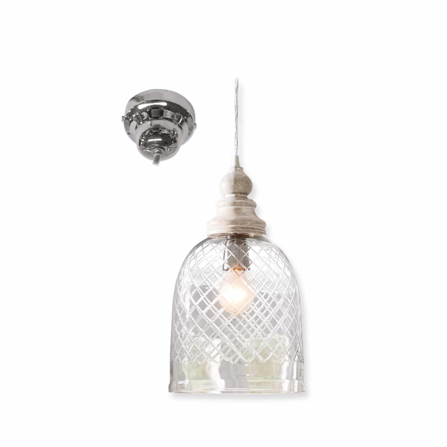 Hanglamp Junia Hanglamp van helder glas met ruitpatroon en wit houten element, decoratieve verlichting