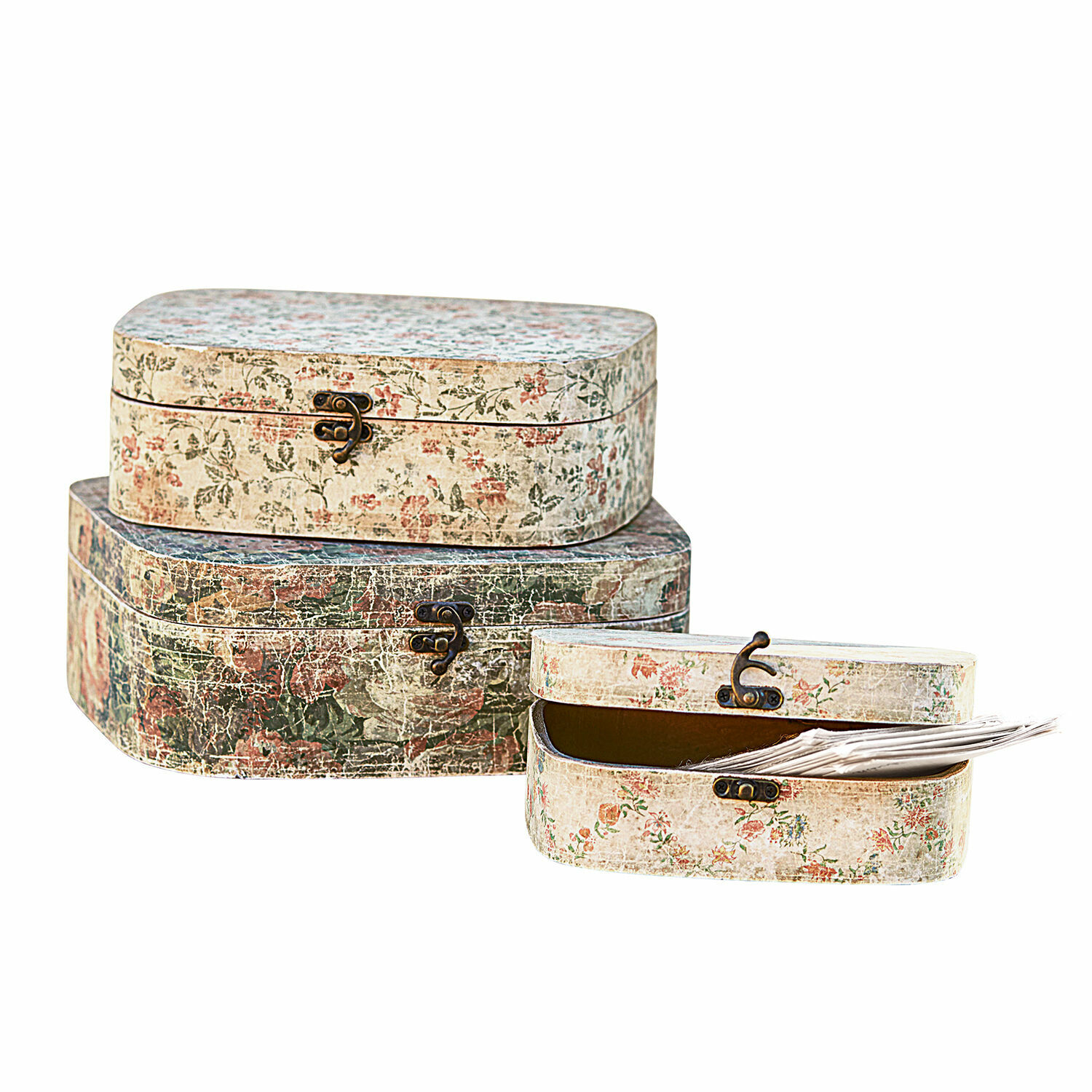 Doos set van 3 Emmylou Set van drie decoratieve vintage dozen met metalen sluitingen en bloemenpatroon in pasteltinten