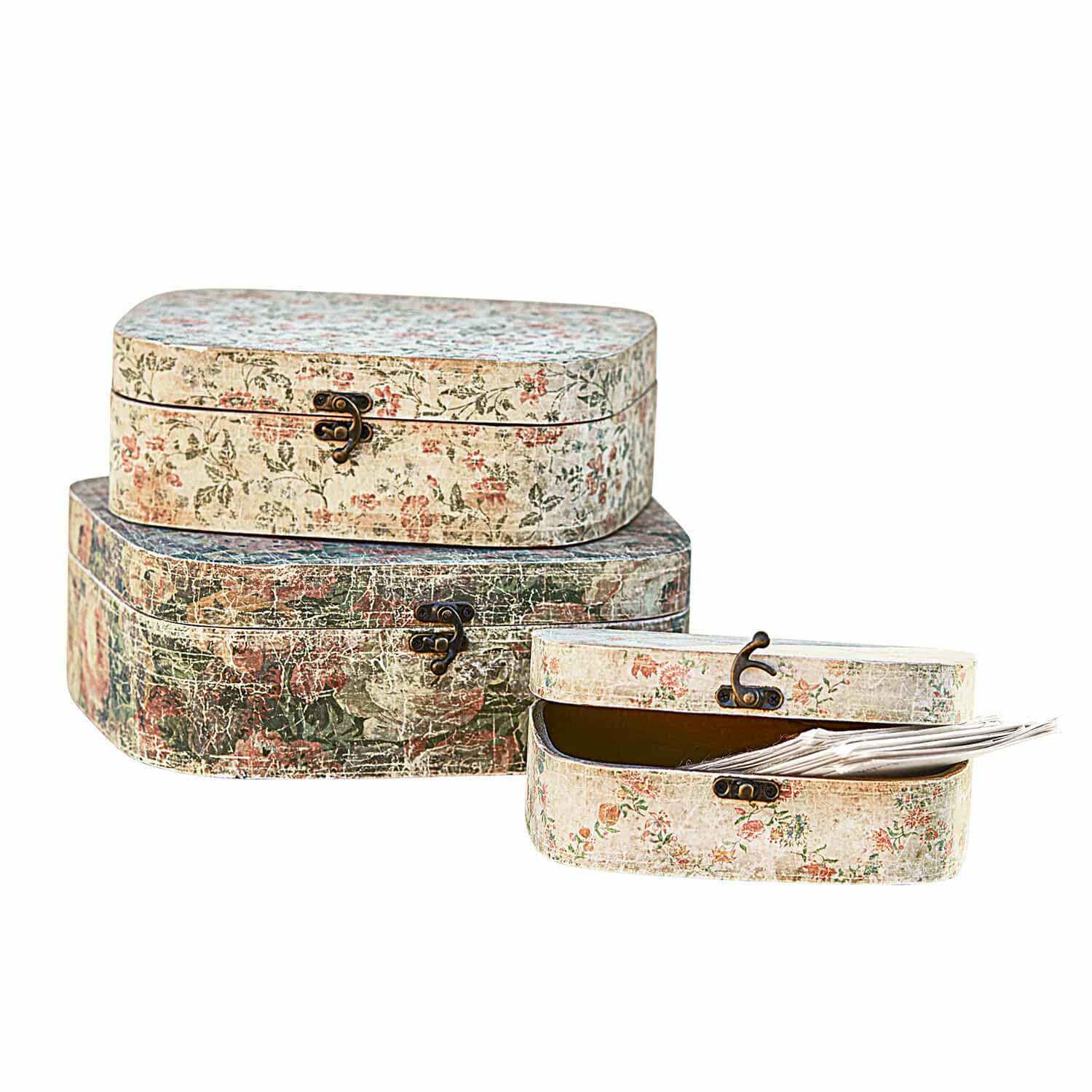 Doos set van 3 Emmylou Set van drie decoratieve vintage dozen met metalen sluitingen en bloemenpatroon in pasteltinten