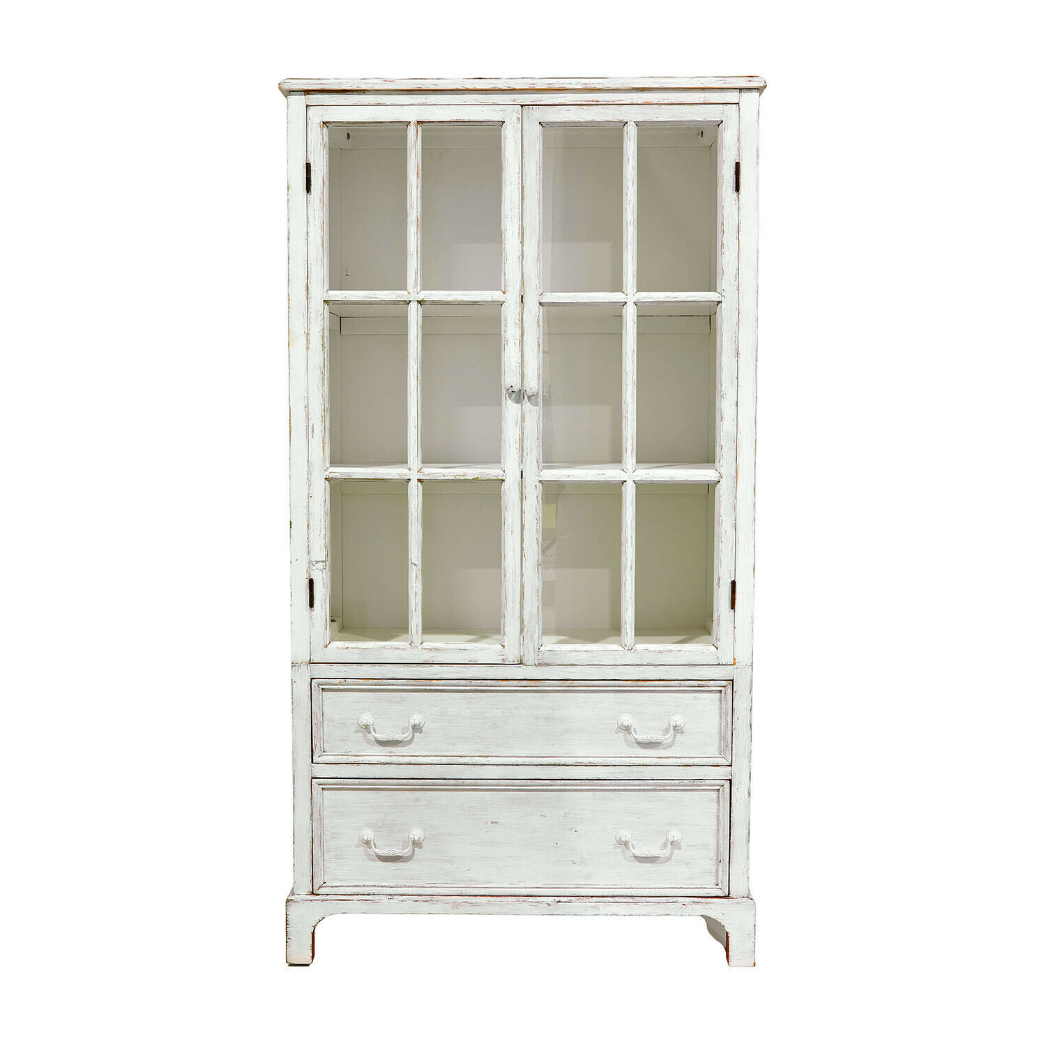 Witte houten kast Jarrowfield met glazen deuren en twee lades in vintage stijl