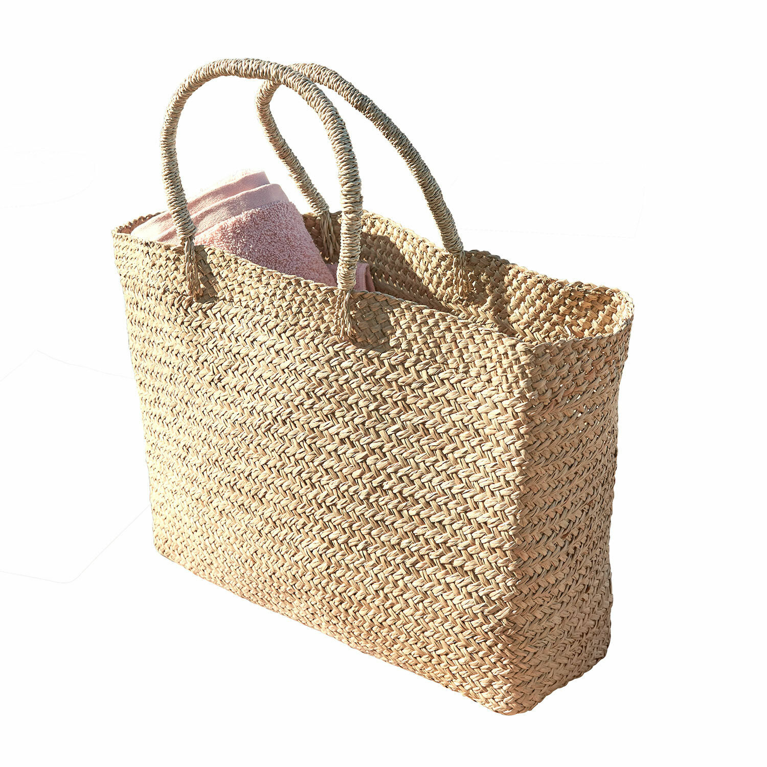 Tas Ventresque Natuurlijke gevlochten tas van zeegras met roze handdoek, ideaal voor strand en boodschappen